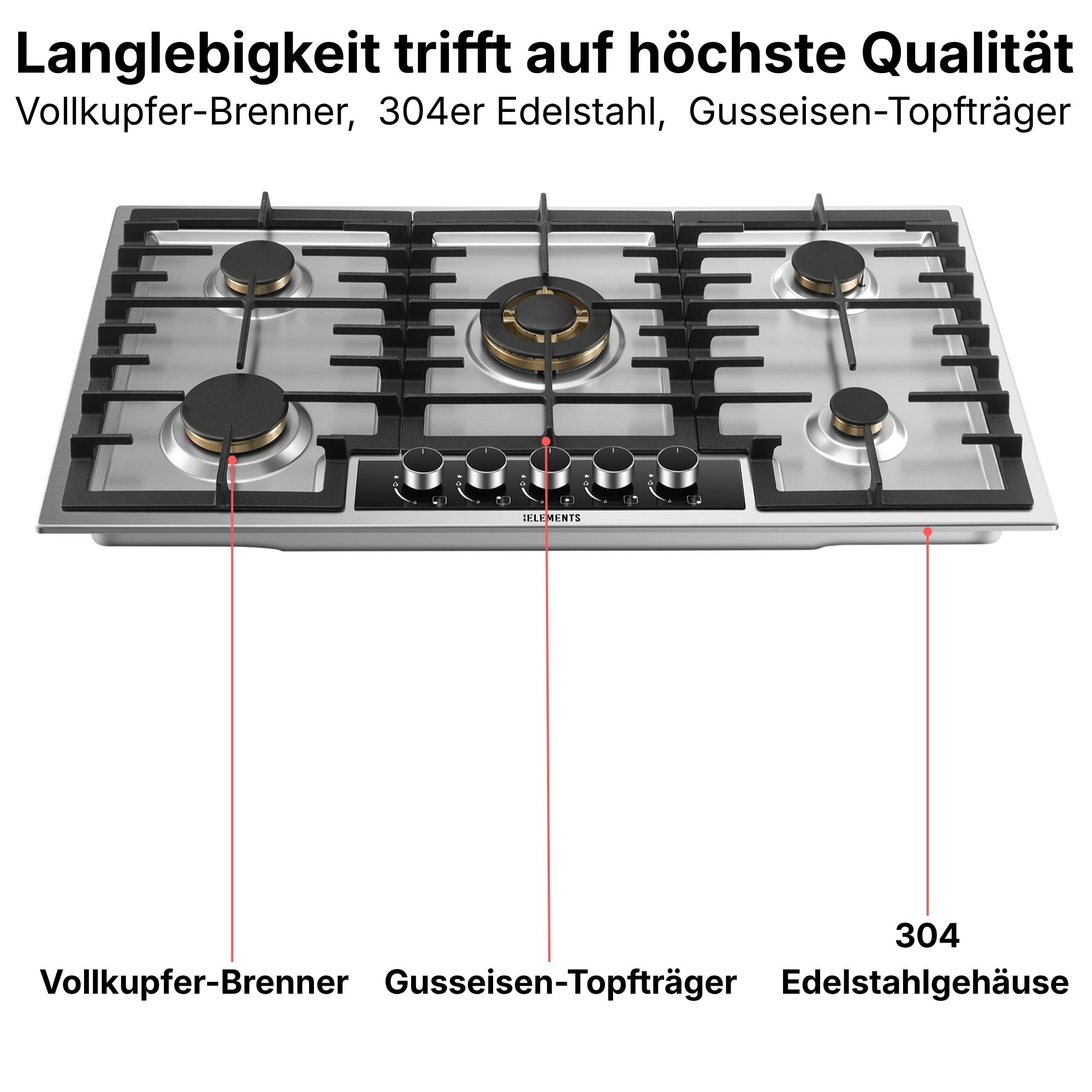 Edelstahl-Gasherd mit 5 Brennern, Gusseisen-Topfträgern und Drehreglern.