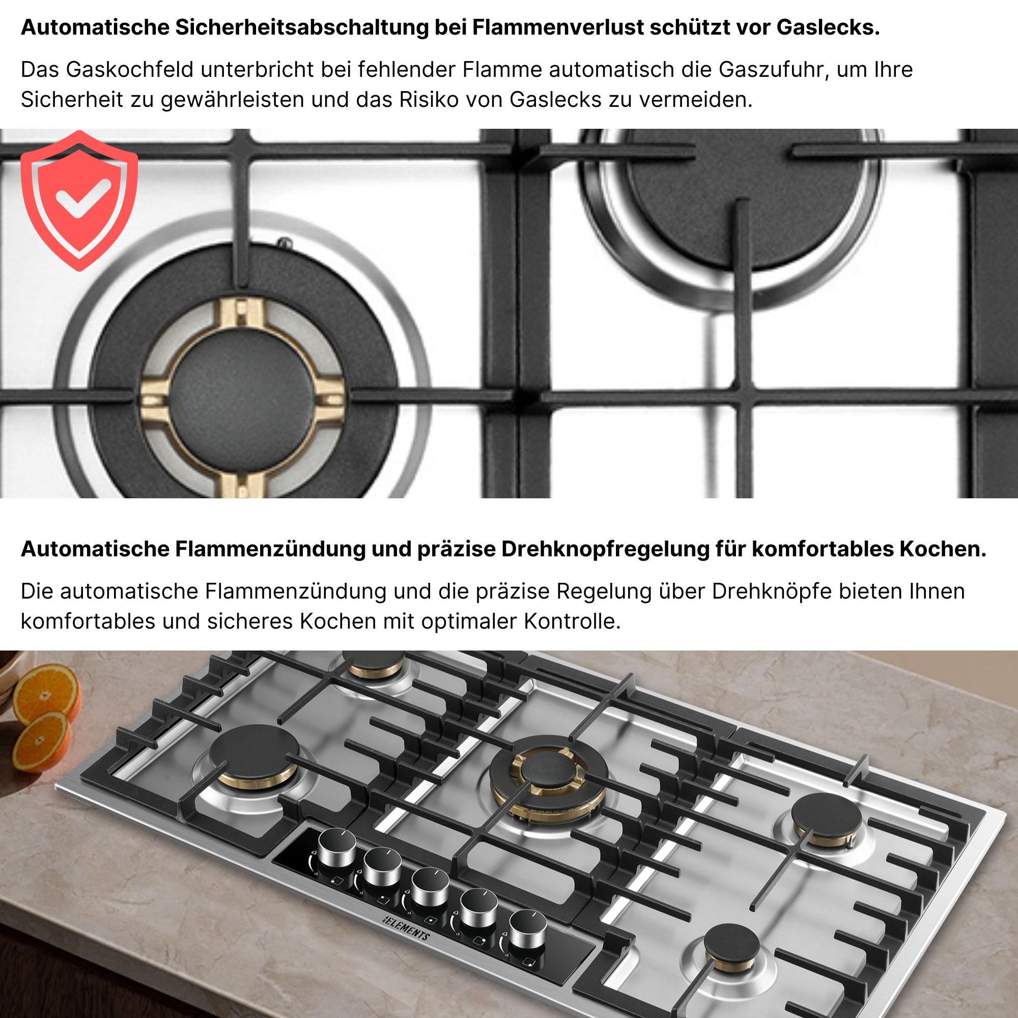 Ein Gaskochfeld mit vier Brennern und Reglern. Ein Schild symbolisiert Sicherheit.