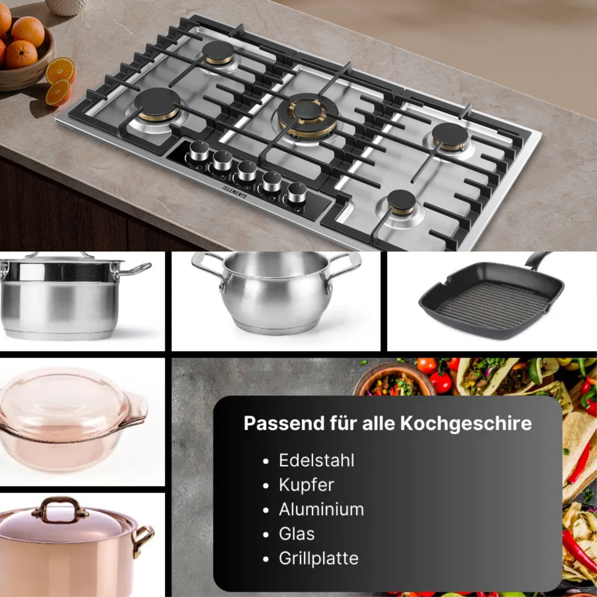 Gasherd mit Töpfen, Pfanne und Essen. Liste von Materialien: Edelstahl, Kupfer, Aluminium, Glas.