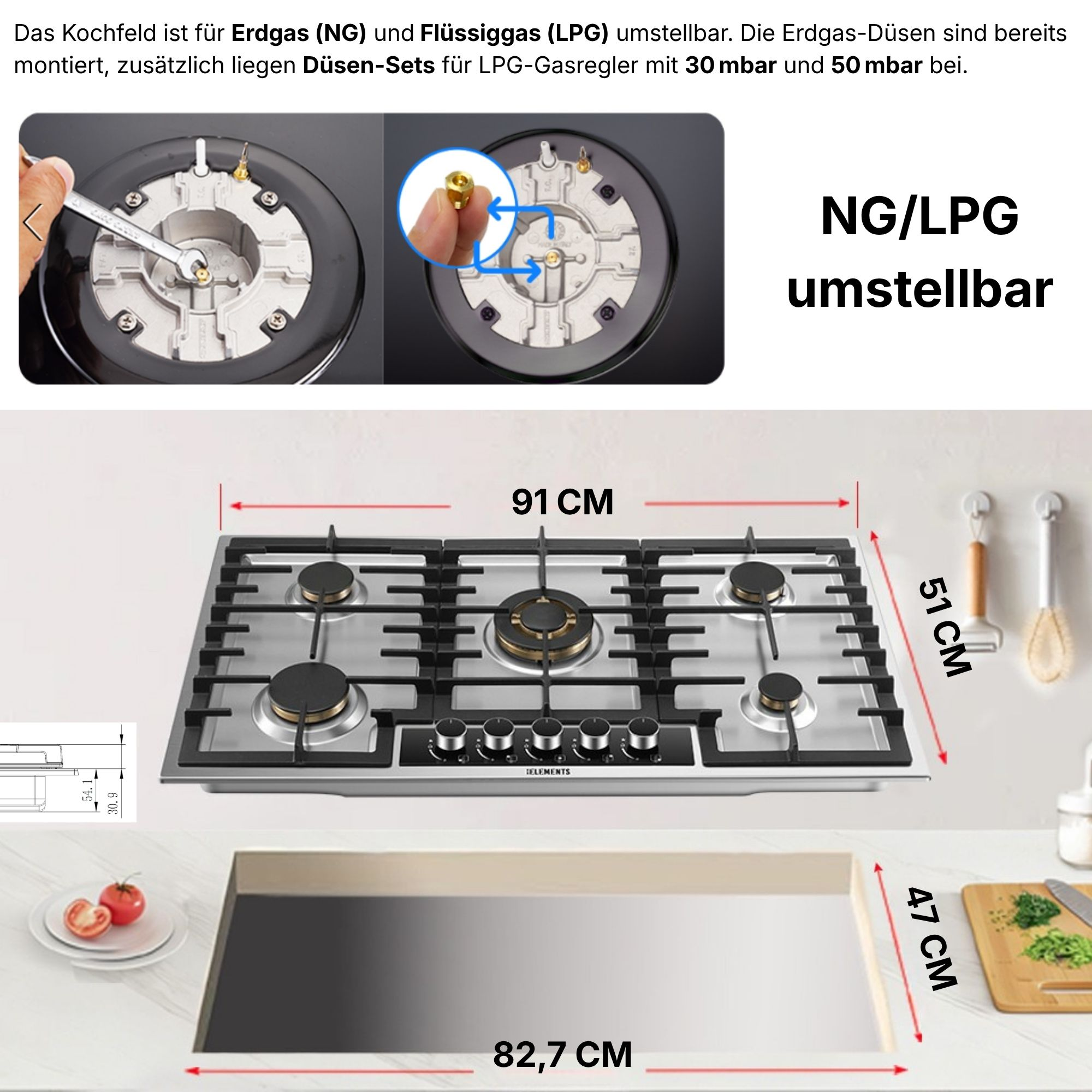 Ein 5-flammiges Gaskochfeld aus Edelstahl mit Maßen 91x51 cm, umschaltbar NG/LPG.