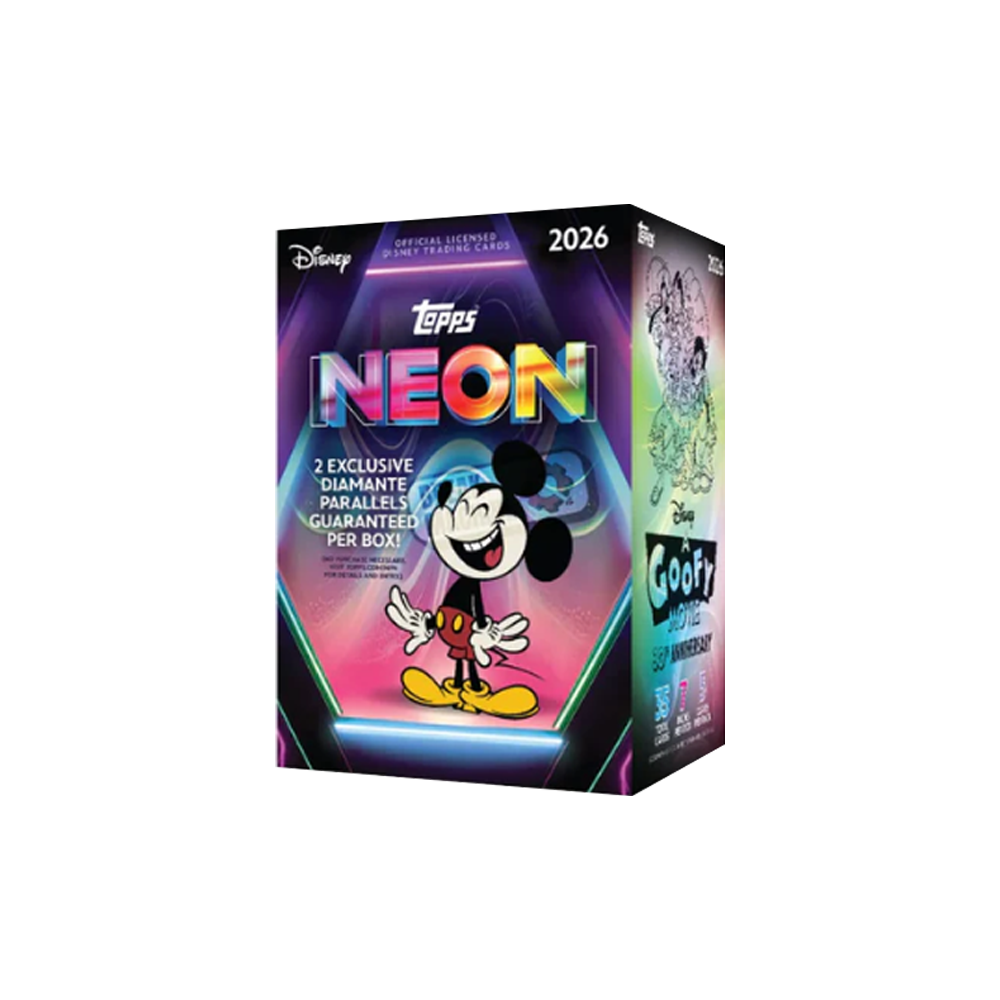 Disney Topps Neon Trading Cards Box mit Micky Maus und Goofy.