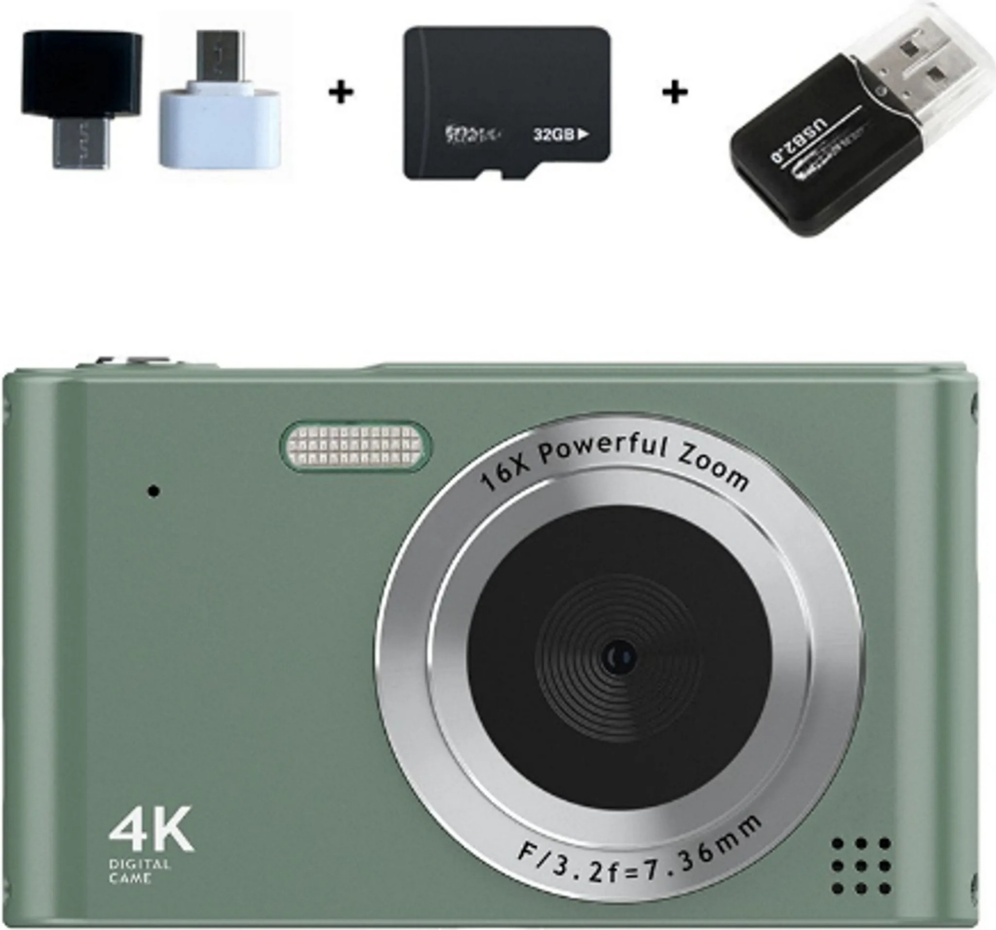Grüne 4K-Kamera mit 16-fachem Zoom, SD-Karte und USB-Adapter.