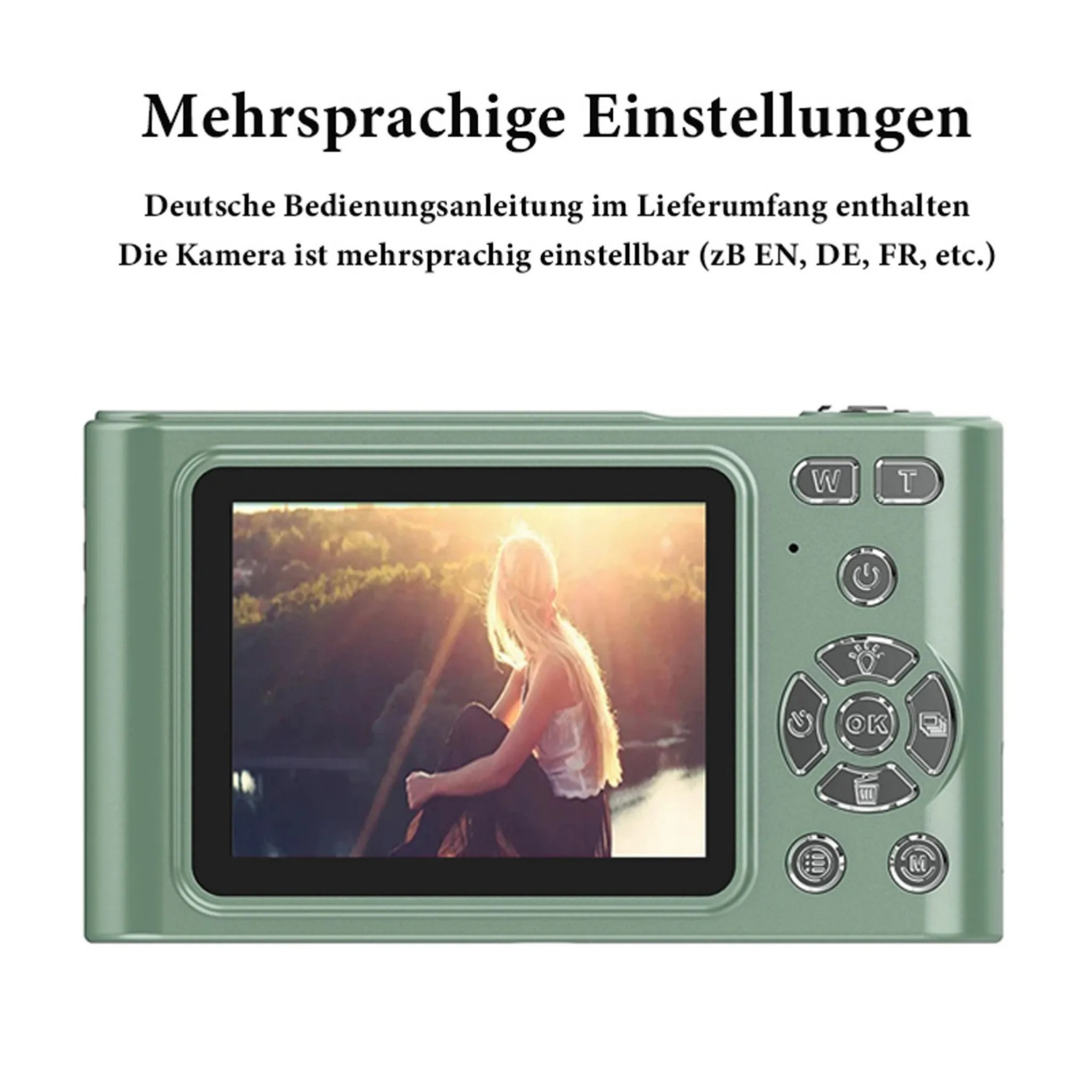 Grüne Digitalkamera mit Bild einer Frau im Sonnenuntergang auf dem Display.