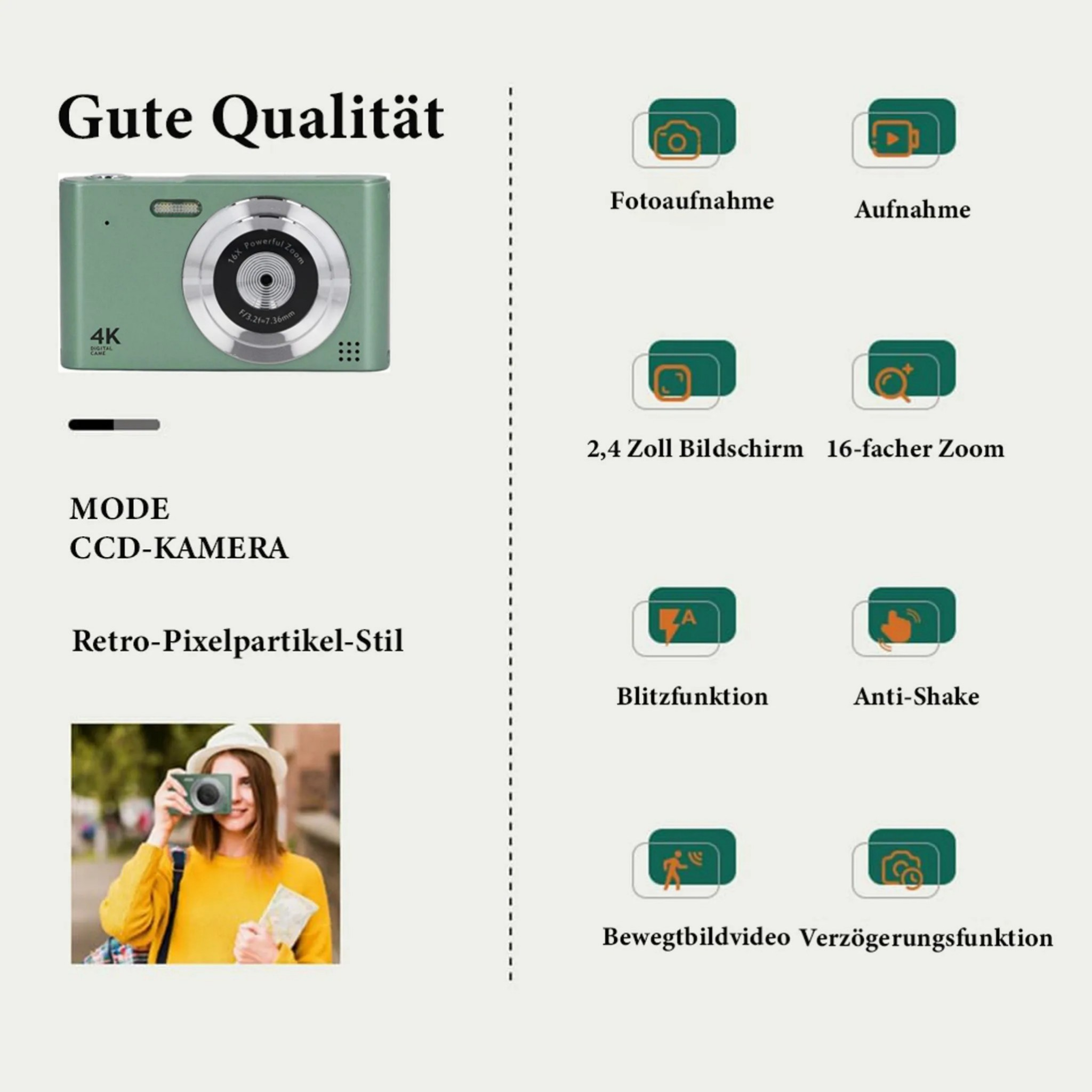 Grüne Kamera mit Text und Symbolen für Funktionen. Eine Frau macht ein Foto.