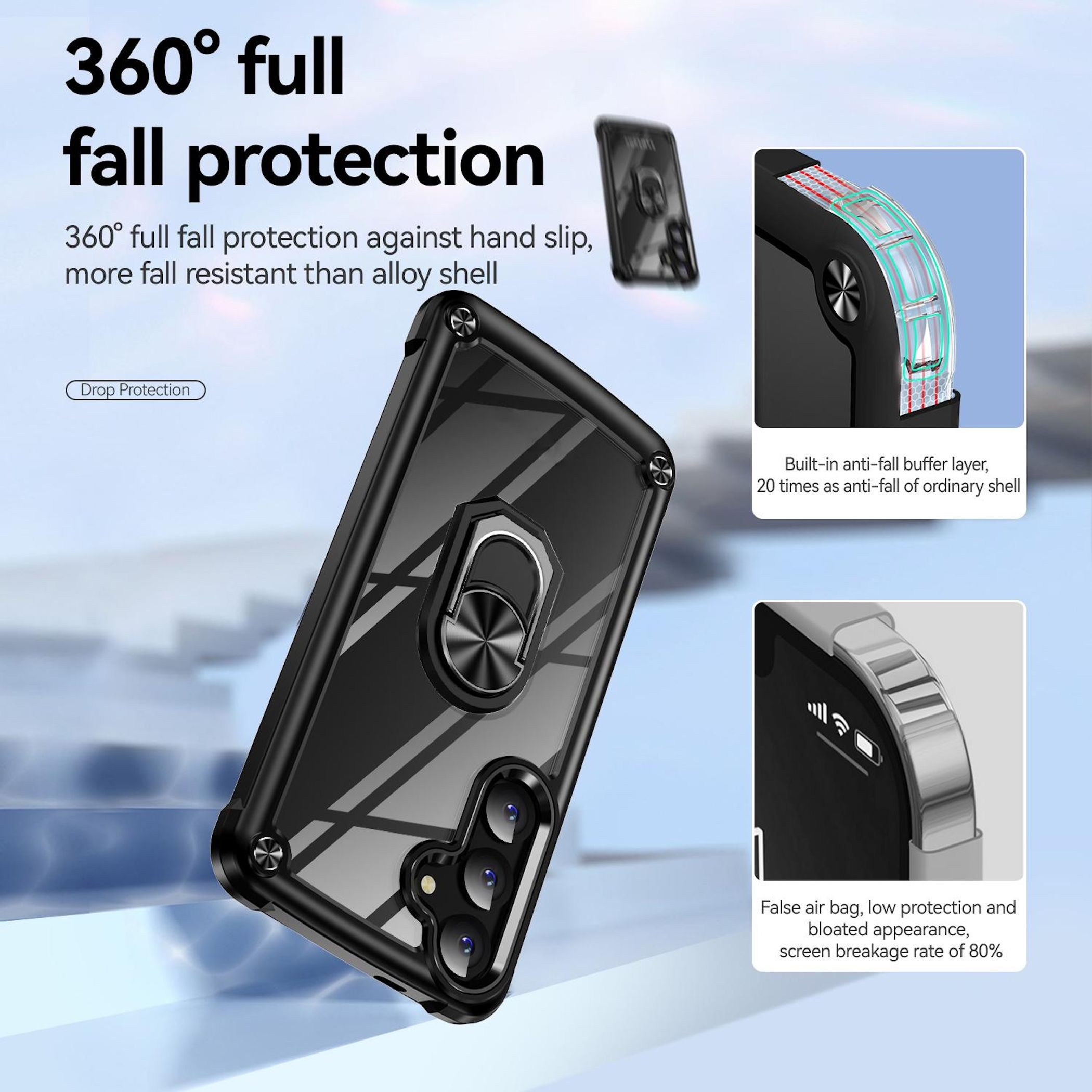 Schwarze Handyhülle mit Ringhalterung, 360 Grad Fallschutz.