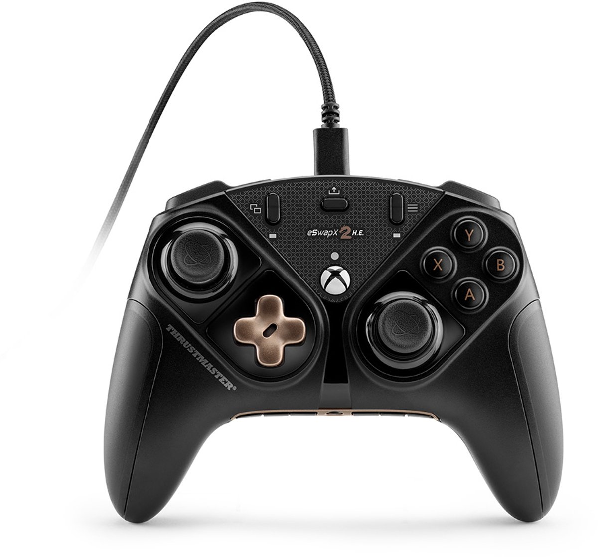 Schwarzer Gaming-Controller mit geflochtenem Kabel. Mit bronzenen Richtungstasten.
