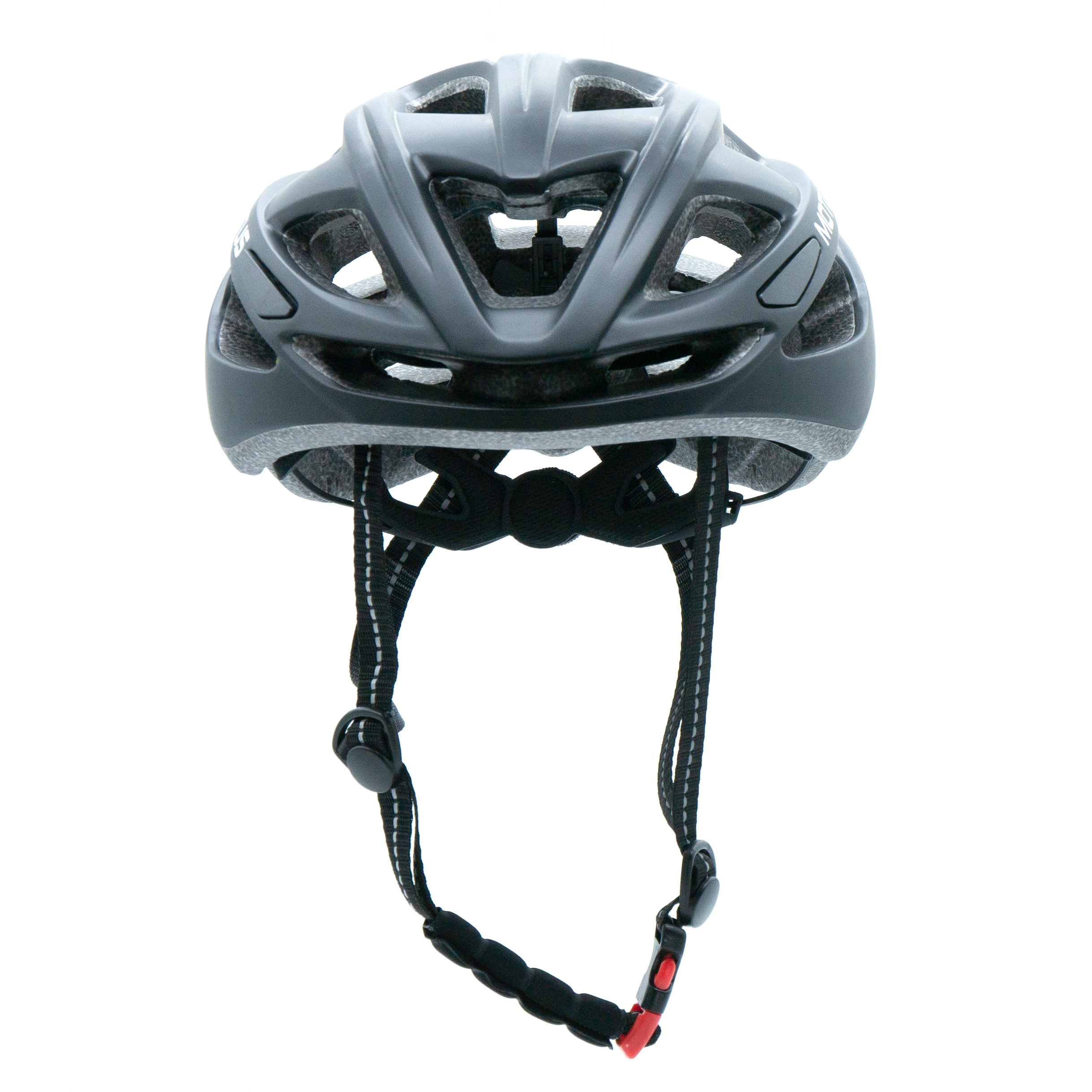 Casco da bicicletta grigio con prese d'aria e cinghie regolabili.