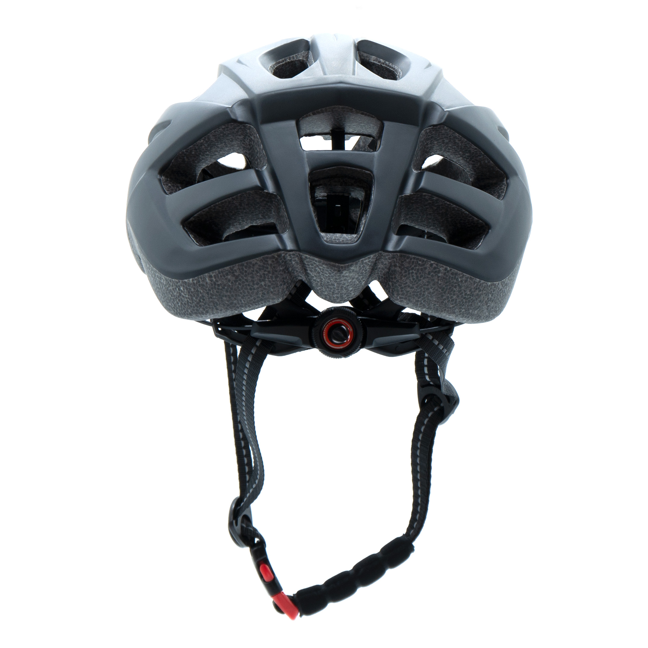 Vista posteriore di un casco da bicicletta nero con prese d'aria e sistema di cinghie regolabile.