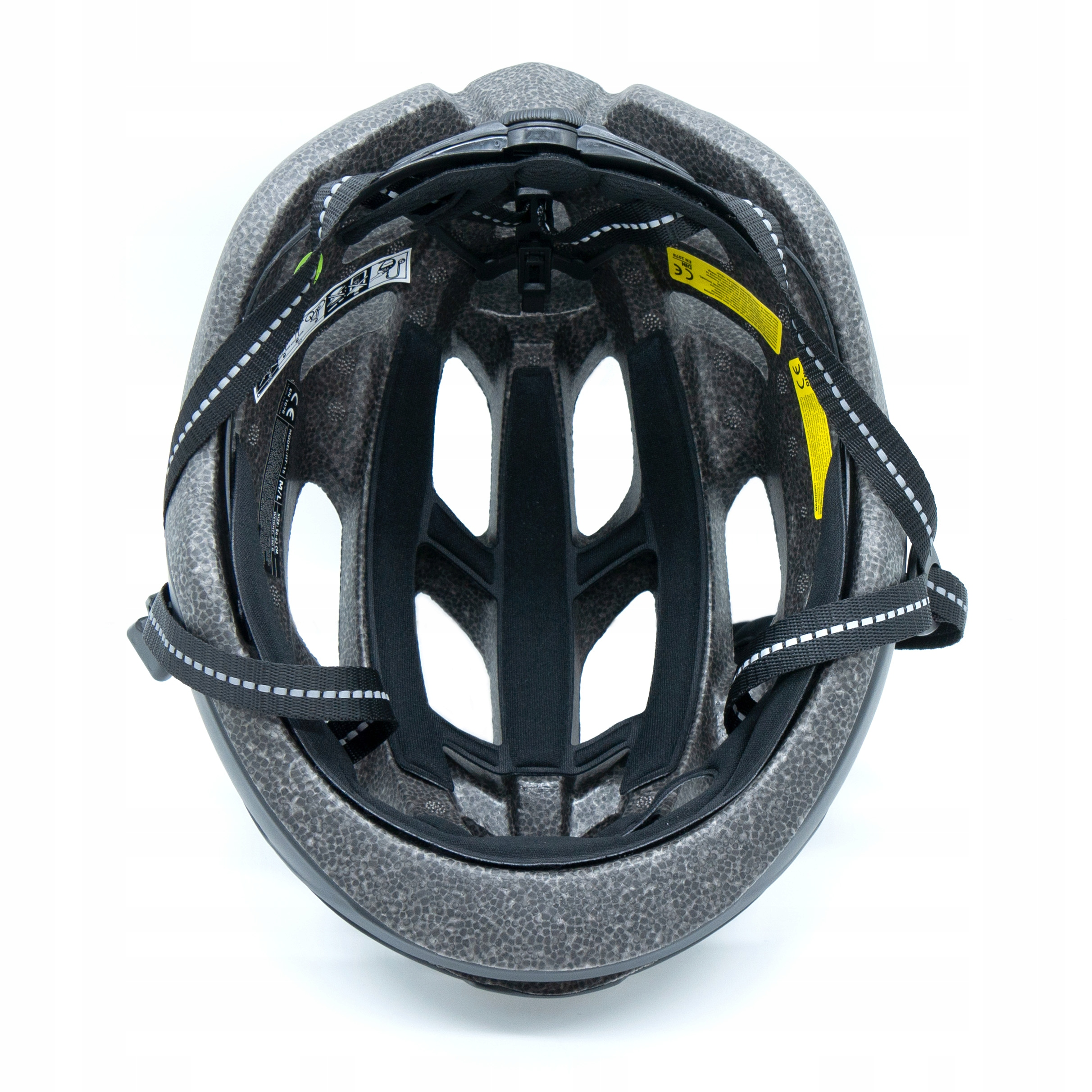 Casco da bicicletta grigio con rotella di regolazione, cinghie e fessure.