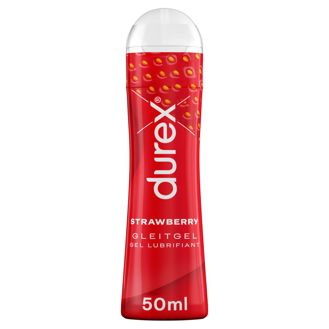 Rote Durex Gleitgel-Flasche mit Erdbeer-Muster und 50ml-Angabe.
