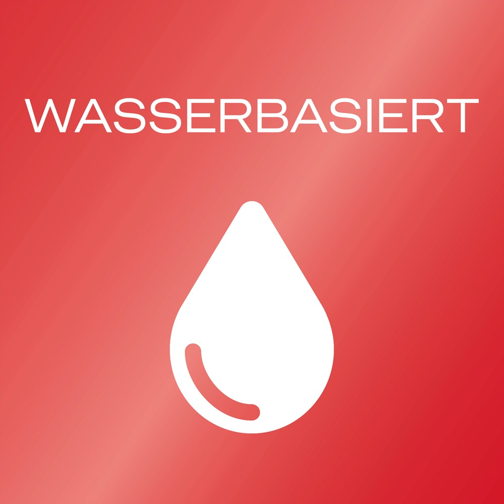 Ein weißer Tropfen auf rotem Hintergrund mit dem Wort WASSERBASIERT.