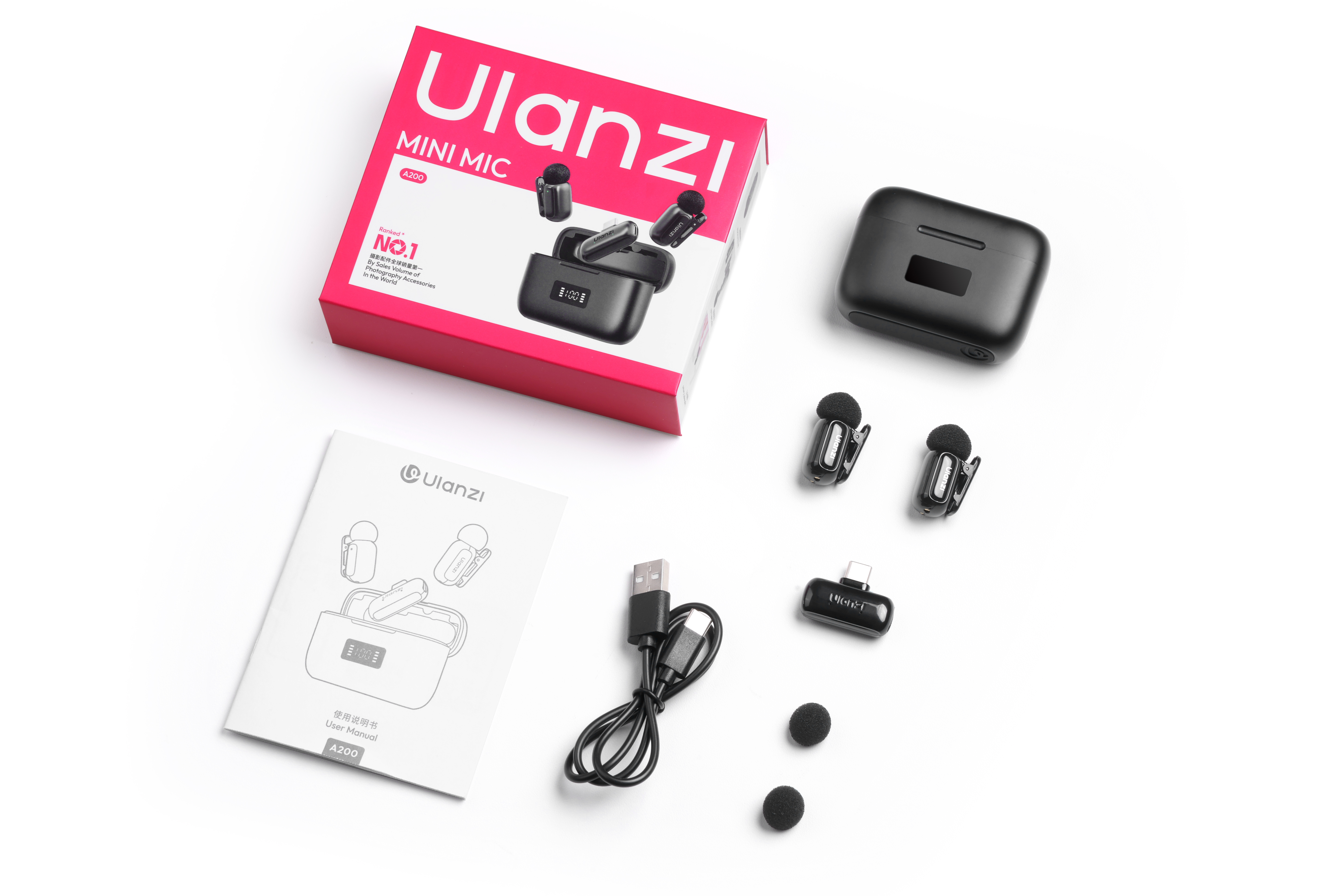 Ulanzi Mini Mic A200-Set: Box, Ladecase, 2 Mikrofone, USB-C-Adapter, Kabel, Anleitung.