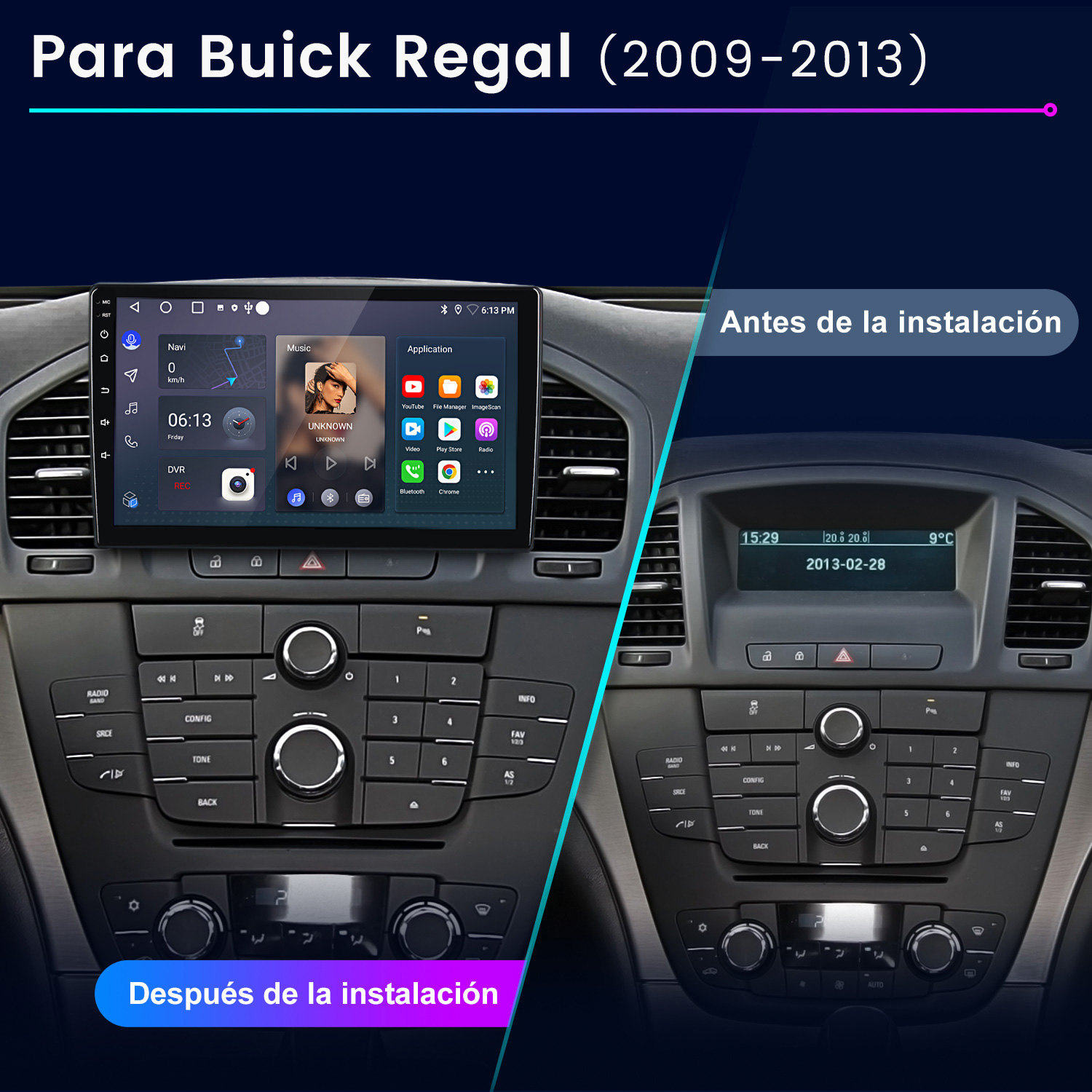 Comparación de un sistema de infoentretenimiento Buick Regal antes y después.