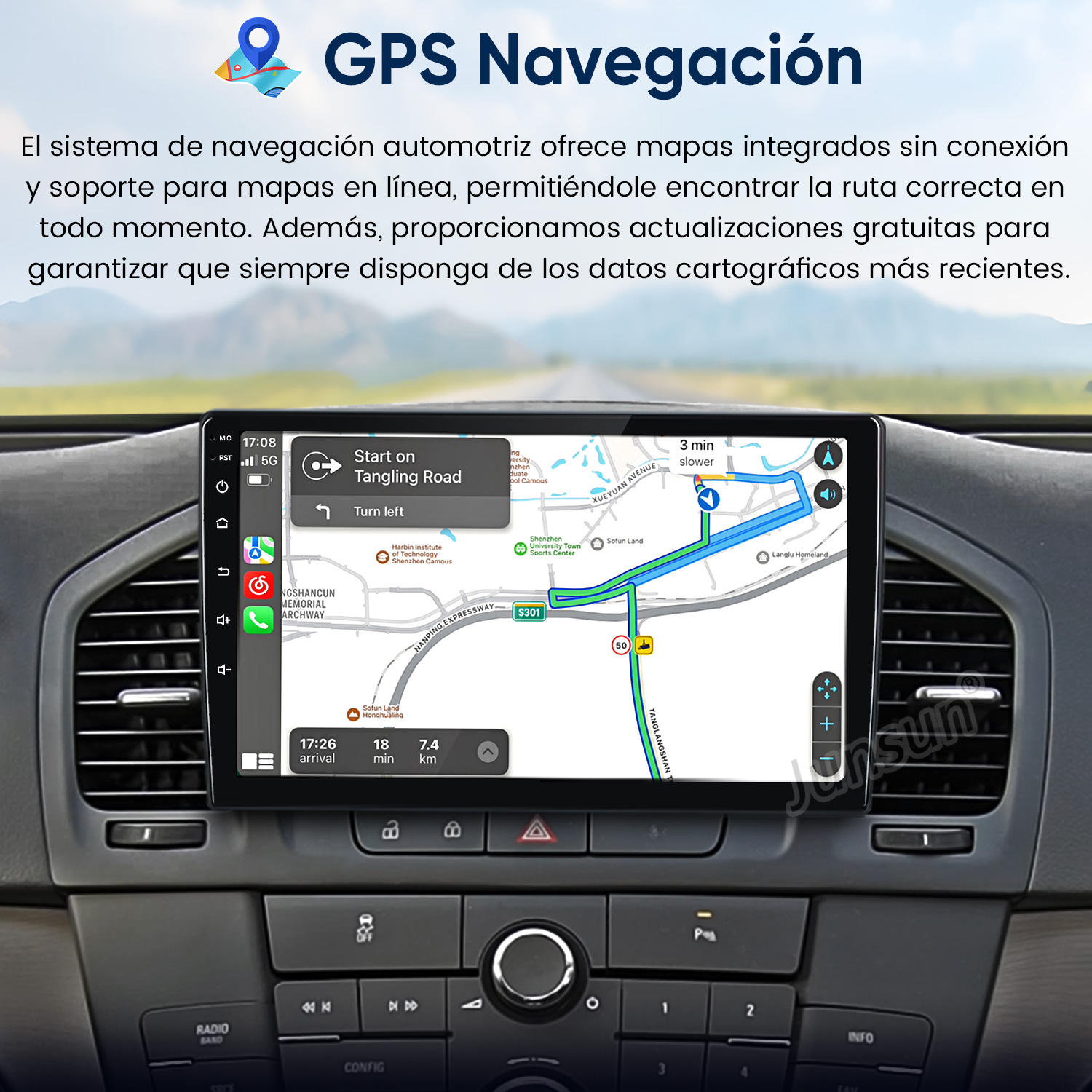 Un sistema de navegación para coche con mapa se muestra en una pantalla del salpicadero.