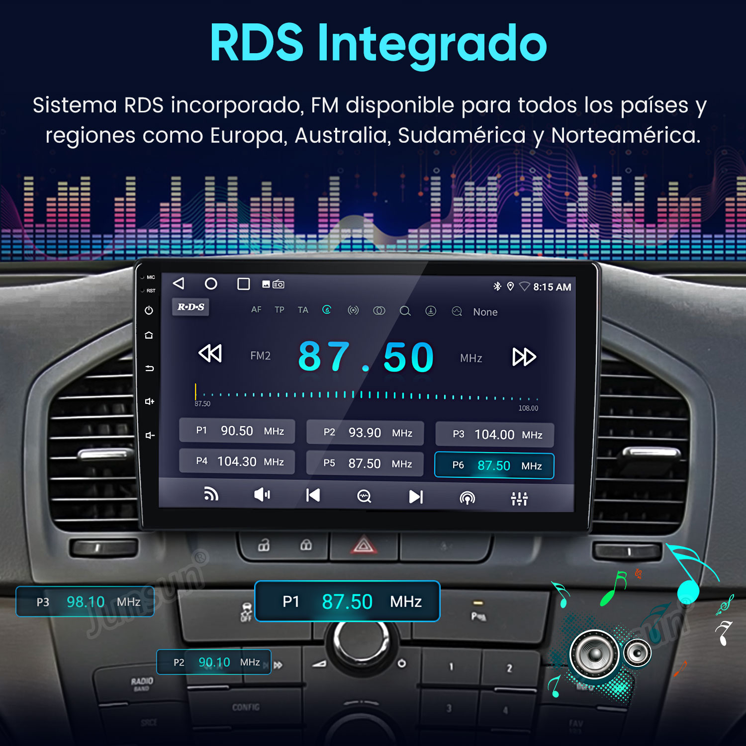 Pantalla de radio de coche muestra frecuencias y estaciones FM. Barras coloridas al fondo.