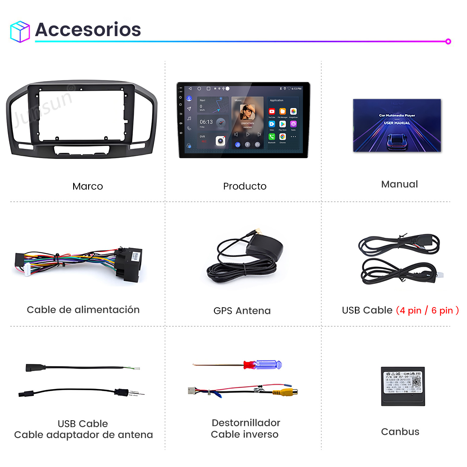 Un marco de coche negro, pantalla multimedia, manual, cables y canbus.