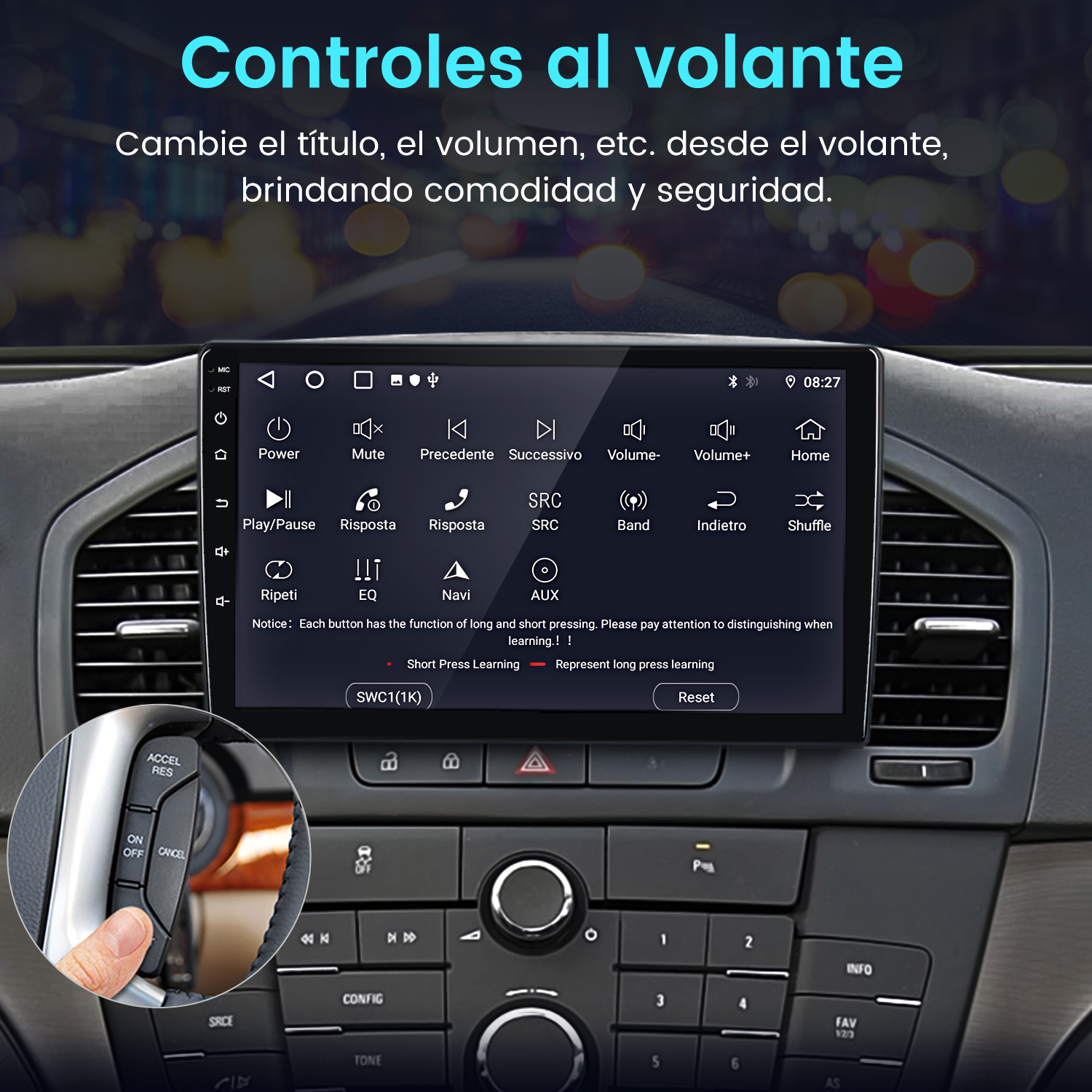Un dedo presiona un botón del volante de un coche. Se ve una pantalla de infoentretenimiento.
