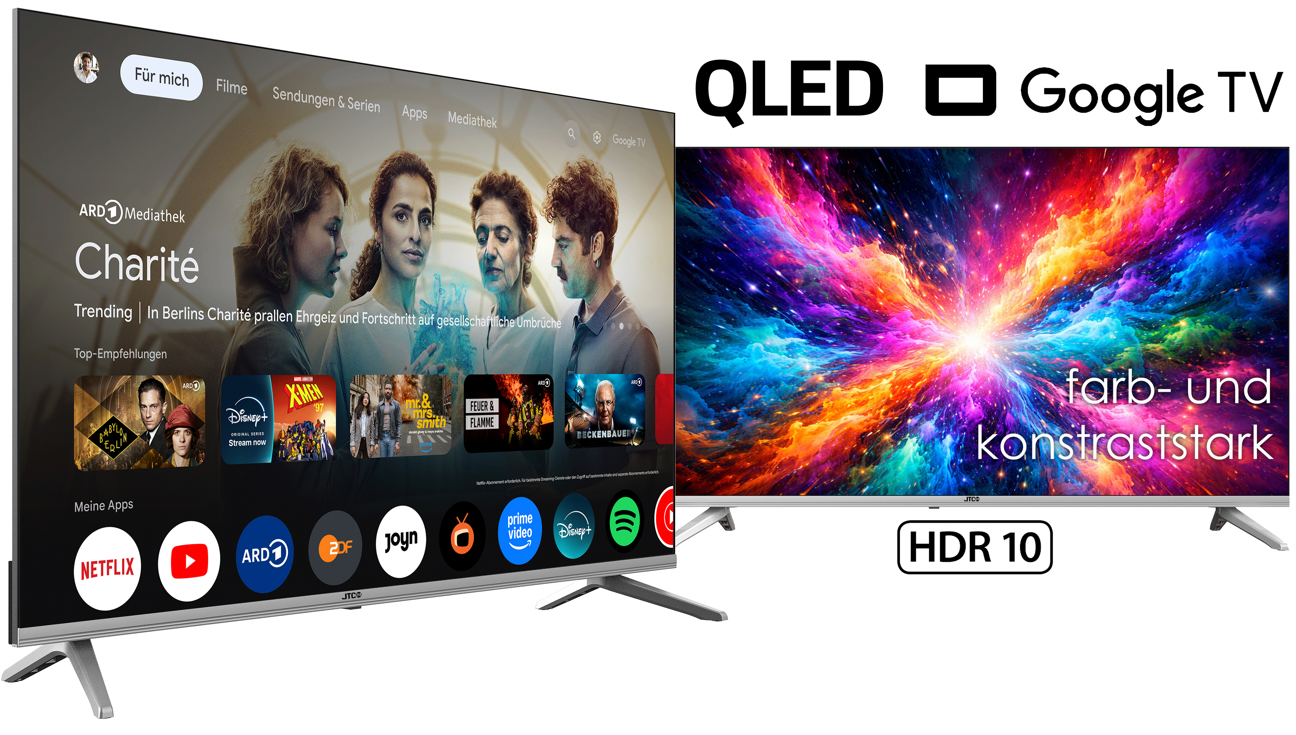 Ein QLED Google TV zeigt eine Serie und einen bunten Weltraumhintergrund.