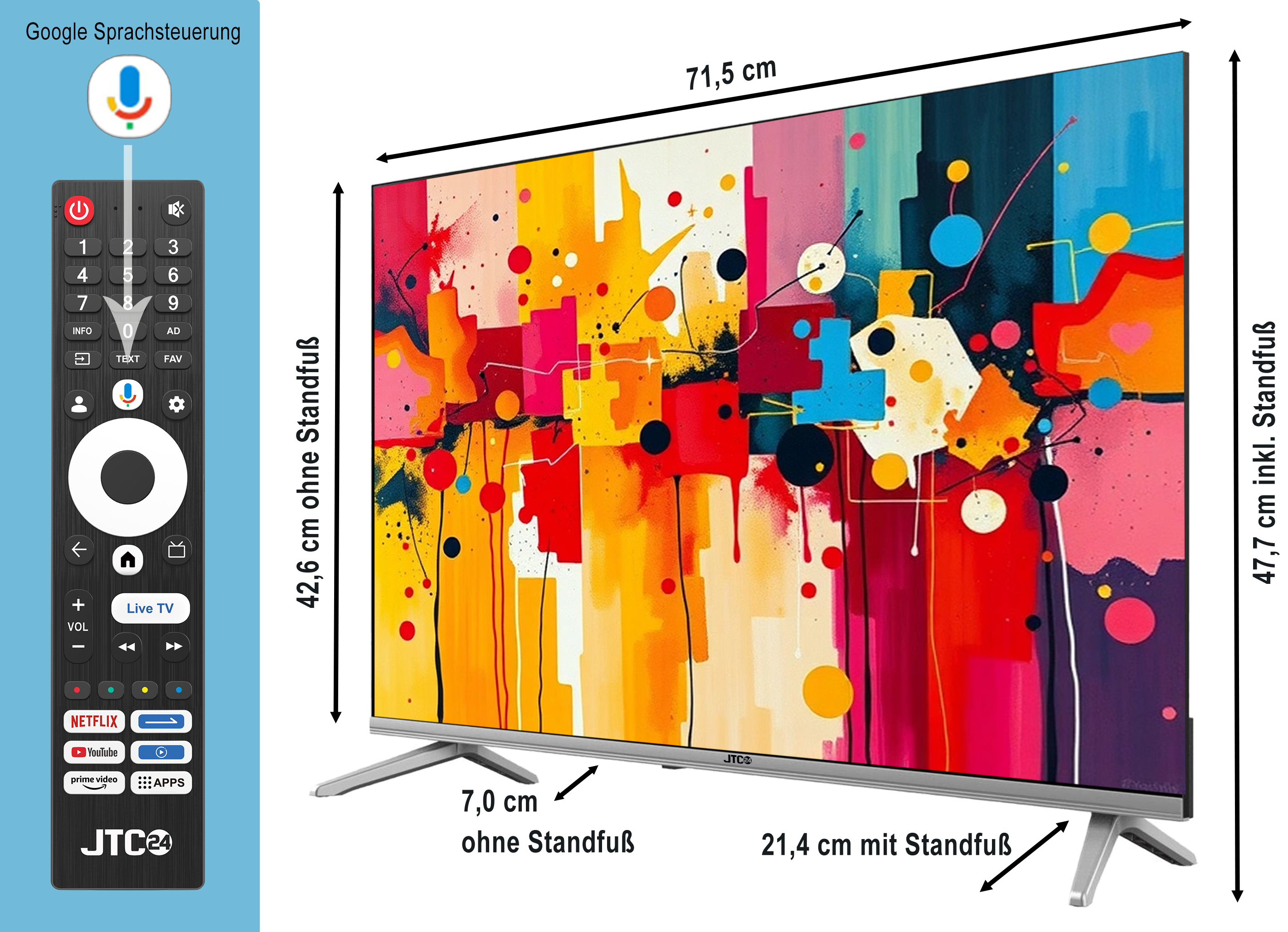 Moderner Fernseher mit buntem, abstraktem Motiv und Fernbedienung.