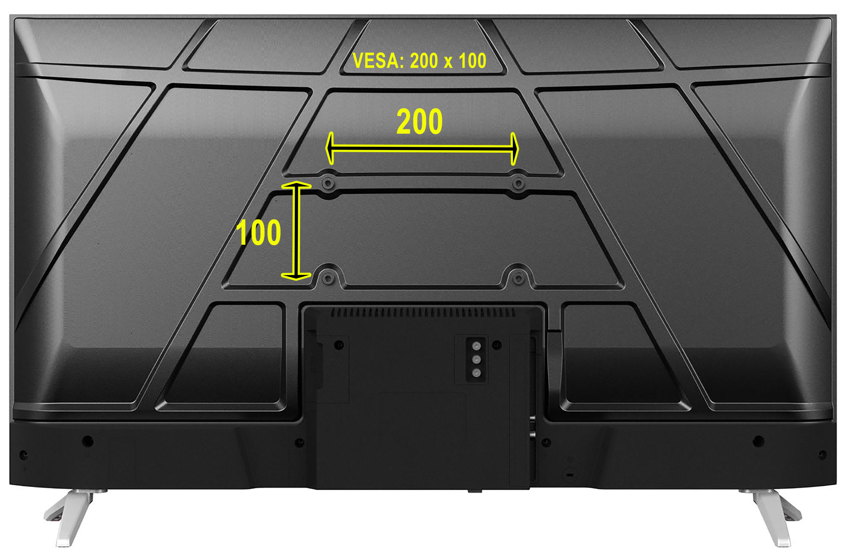 Rückseite eines Fernsehers mit VESA-Maßen 200x100 mm und Standfüßen.