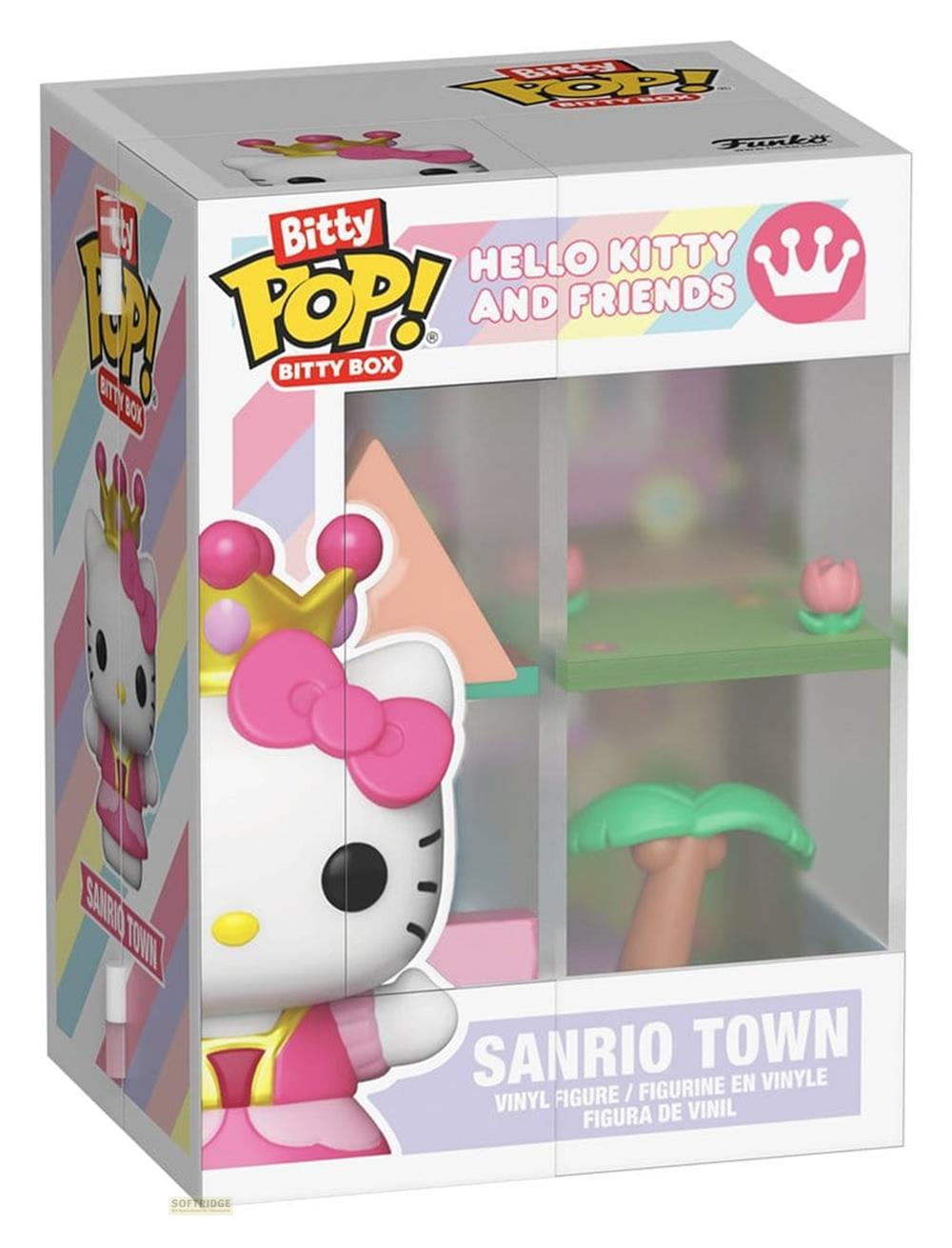 Caja Hello Kitty Bitty Pop! con corona, vestido rosa y escena de Sanrio Town.