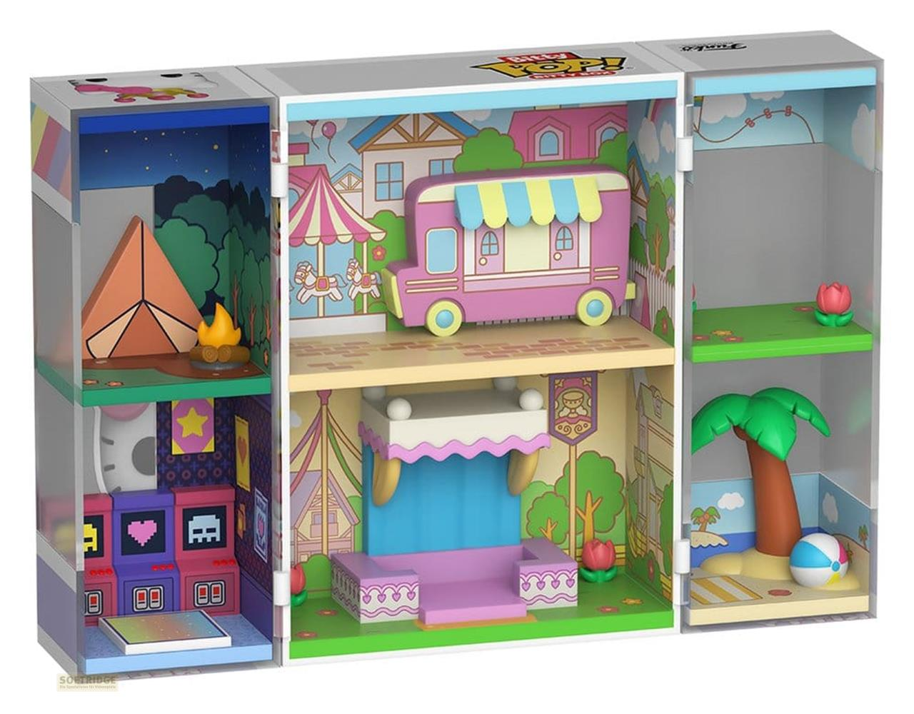 Una casa de muñecas de juguete con tres habitaciones: camping, feria y playa.