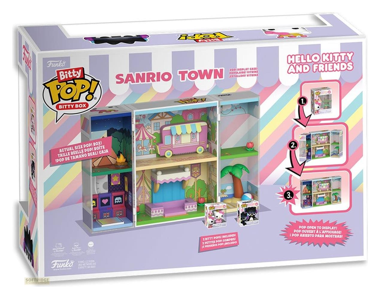 Caja para un display Bitty Pop de Hello Kitty y Amigos con casa de muñecas y figuras.
