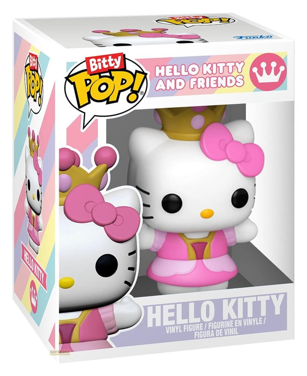 Figura de vinilo de Hello Kitty en caja con corona y lazo rosa.