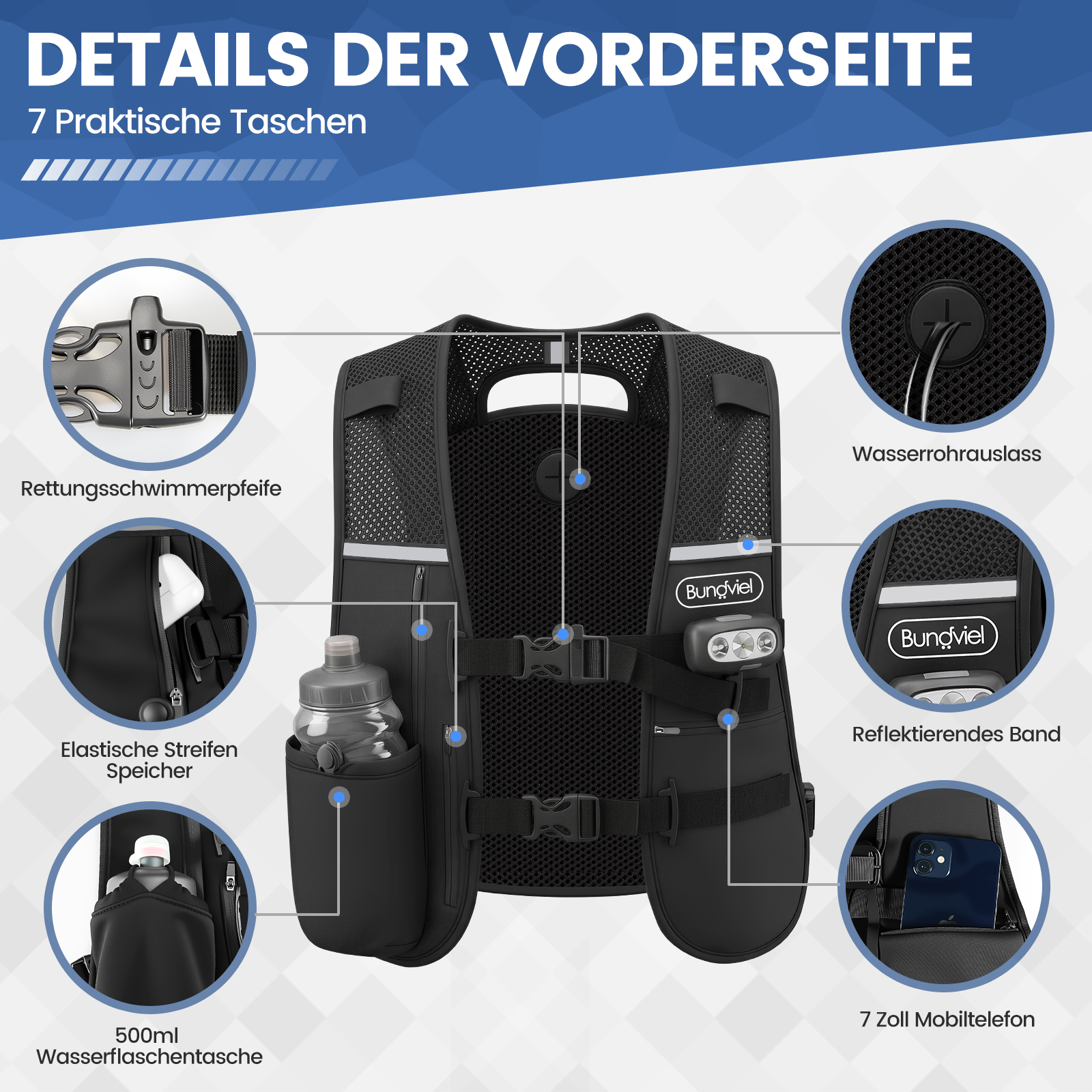 Schwarze Laufweste mit Fächern für Pfeife, Flasche, Handy und Reflektoren.