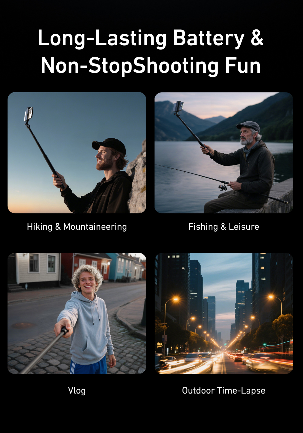Collage: Mann wandert mit Selfie-Stick, Mann fischt, junger Mann vlogging, City-Zeitraffer.