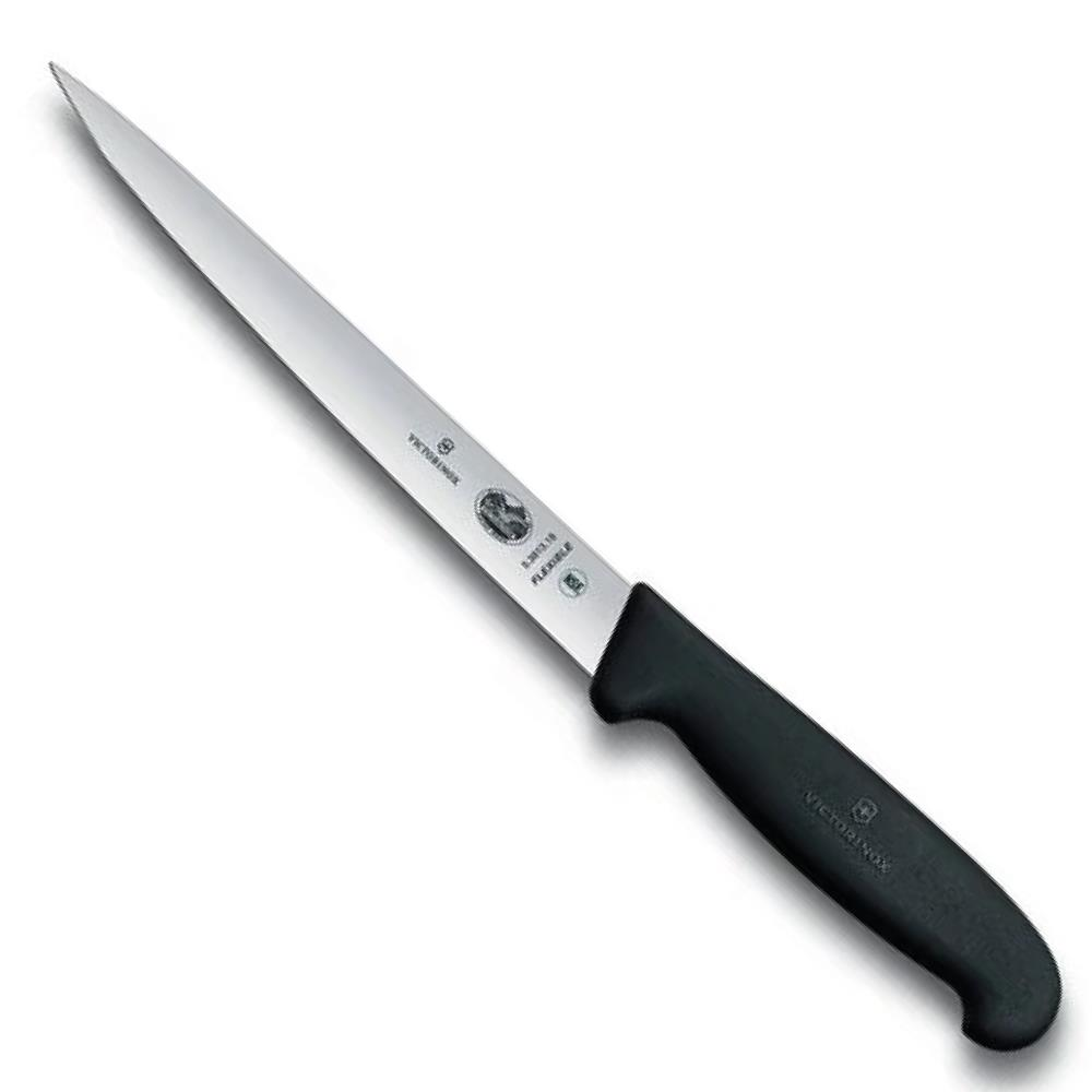 Siyah saplı, ince, esnek bir Victorinox bıçağı, parlak namlulu.