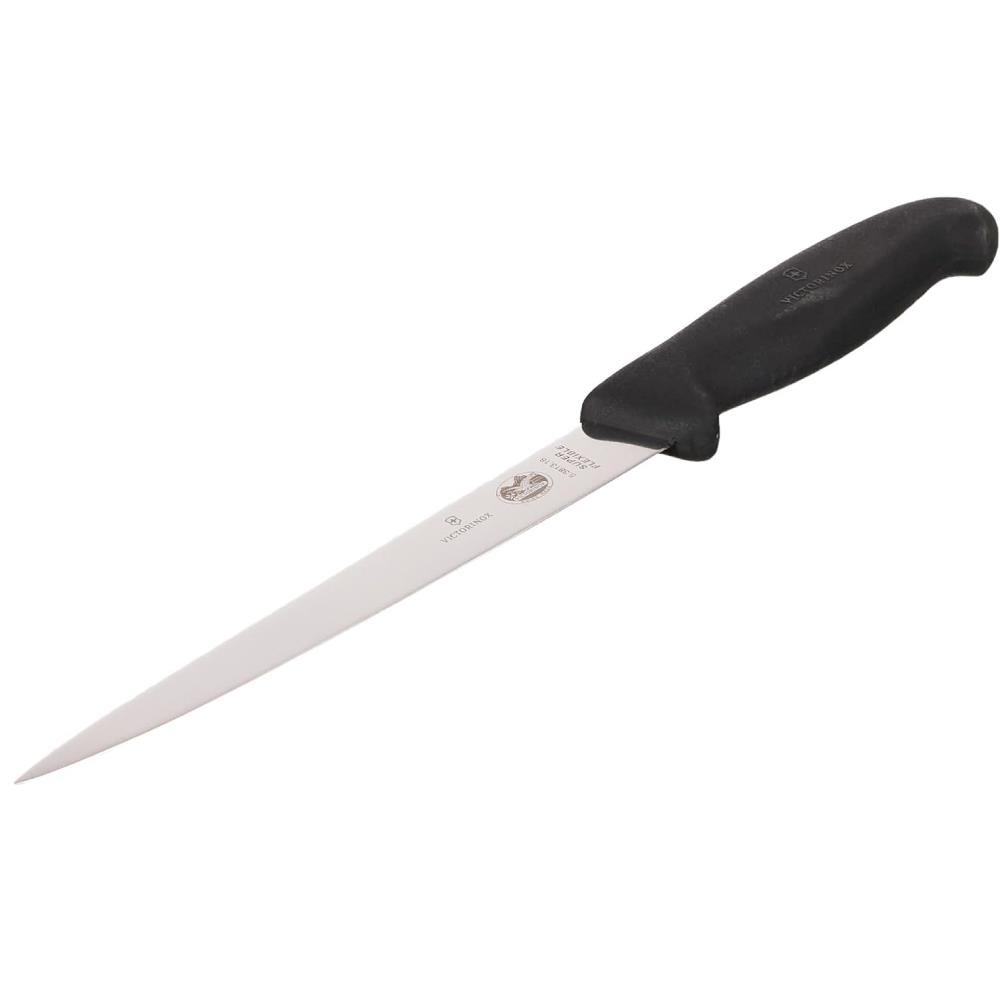 Siyah saplı, ince, esnek bir Victorinox bıçağı.