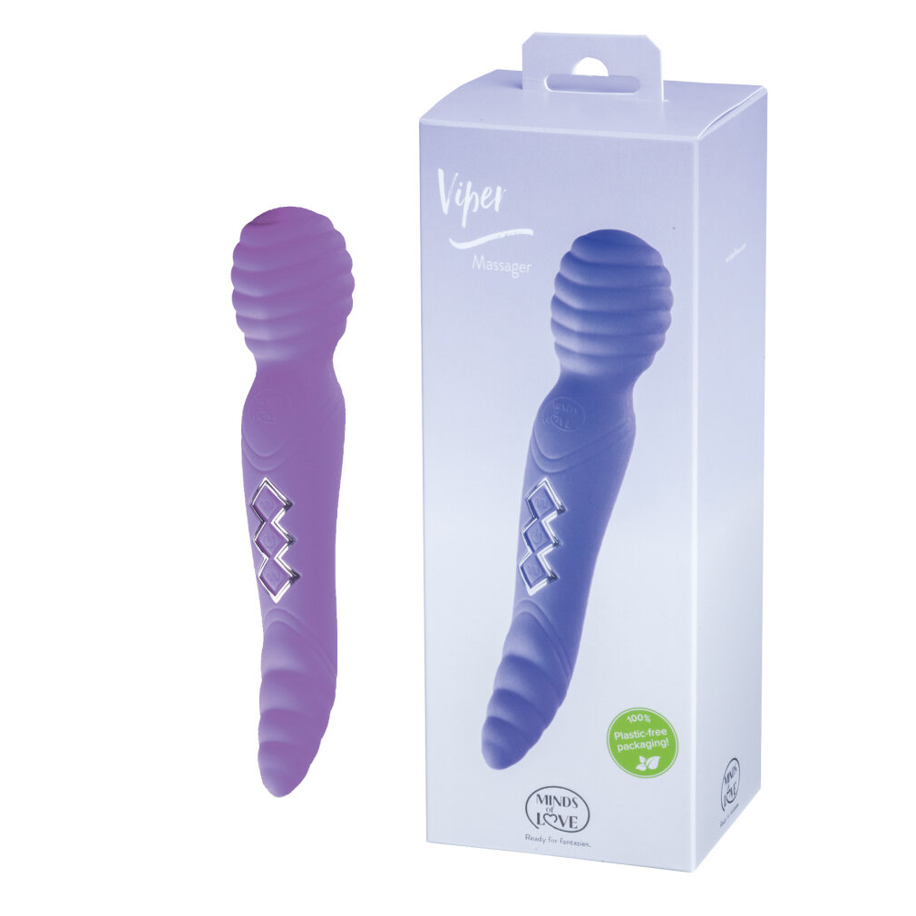 Ein violetter Massager und seine Verpackung mit dem Text 'Viper Massager'.