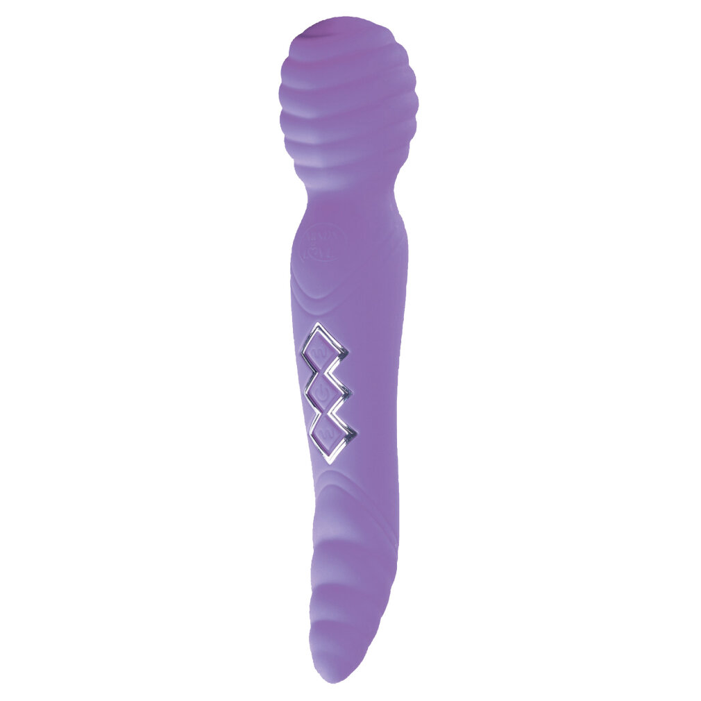 Lila Vibrator mit gerilltem Kopf und silbernen Knöpfen.