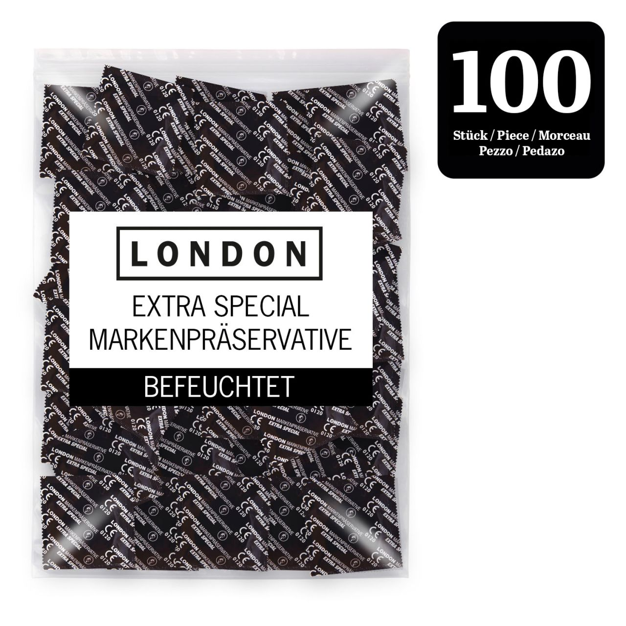Packung mit 100 London Extra Special Kondomen, befeuchtet.