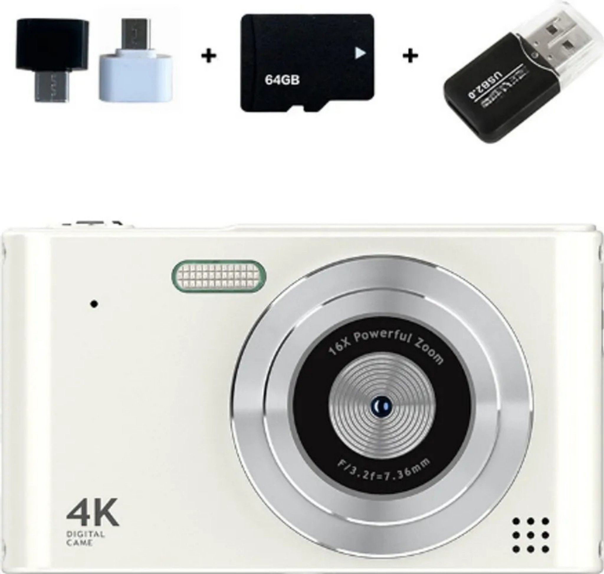 Weiße Digitalkamera mit Zubehör: Adapter, 64GB SD-Karte und USB-Kartenleser.