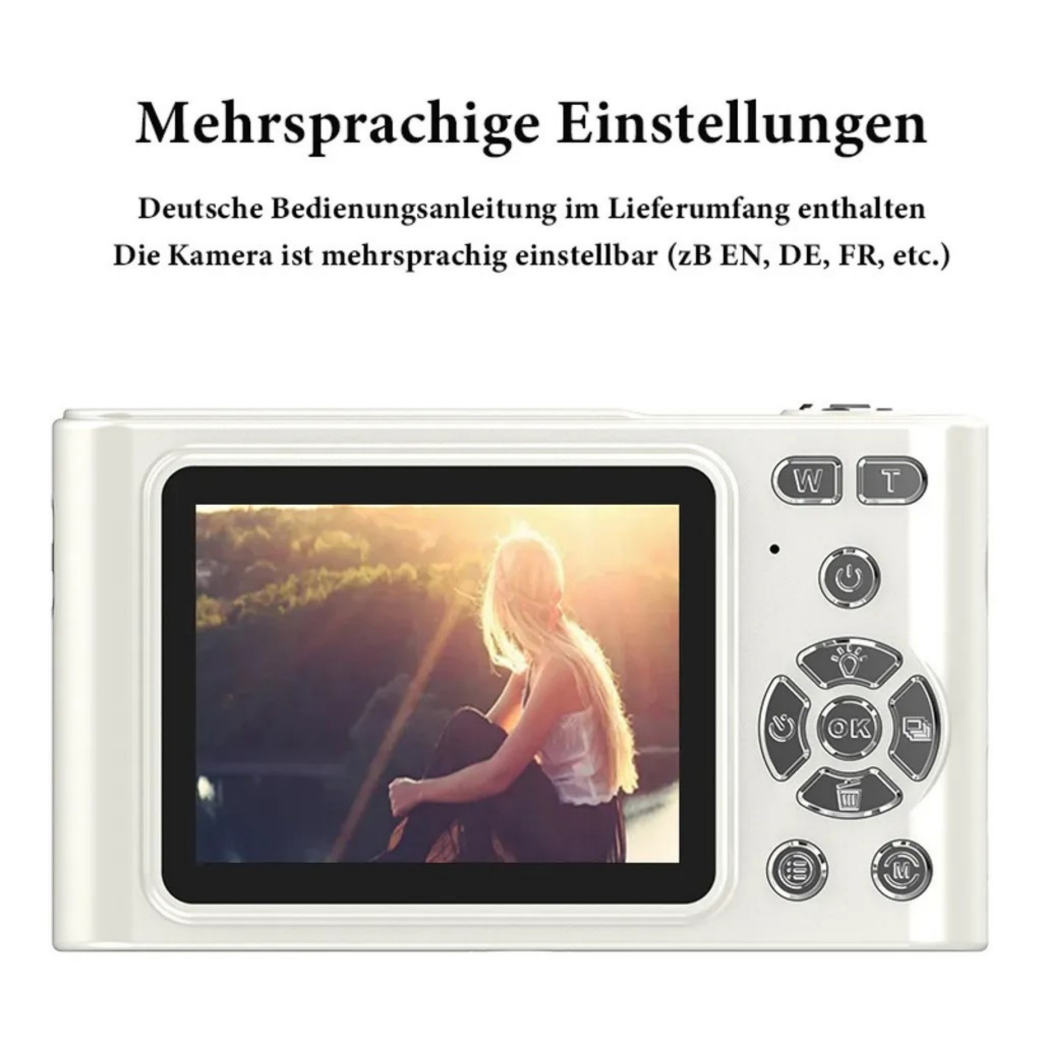 Weiße Digitalkamera mit Bildschirm, der eine blonde Frau zeigt.