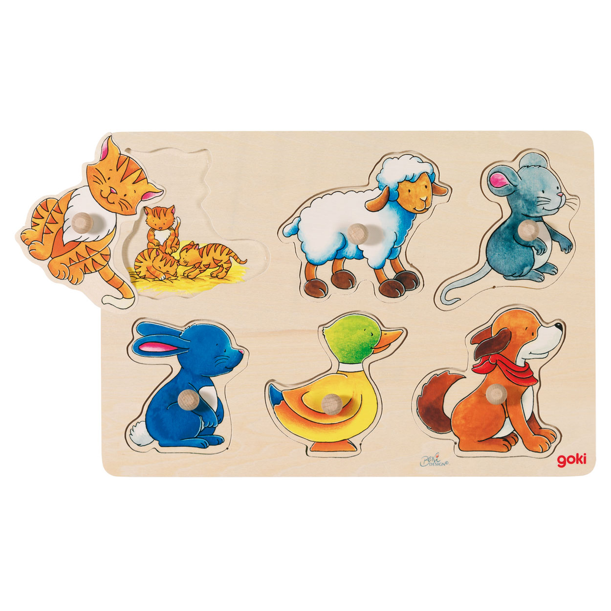 Ein Holzpuzzle mit sechs Tierfiguren: Katze mit Jungen, Schaf, Maus, Hase, Ente, Hund.