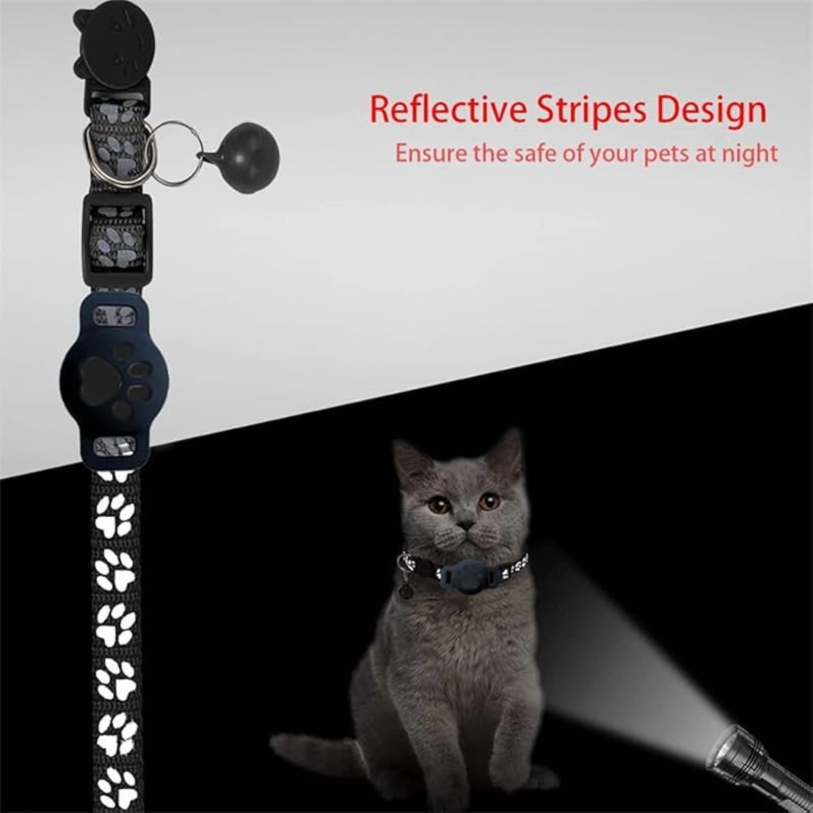 Eine graue Katze trägt ein reflektierendes Halsband mit Pfotenabdrücken. Eine Taschenlampe leuchtet darauf.