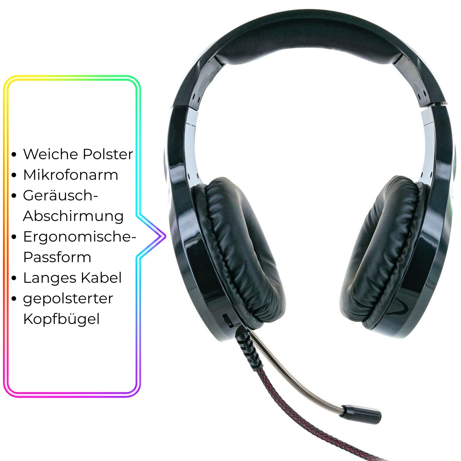 Schwarze Kopfhörer mit Mikrofon, weichen Polstern und gepolstertem Kopfbügel.