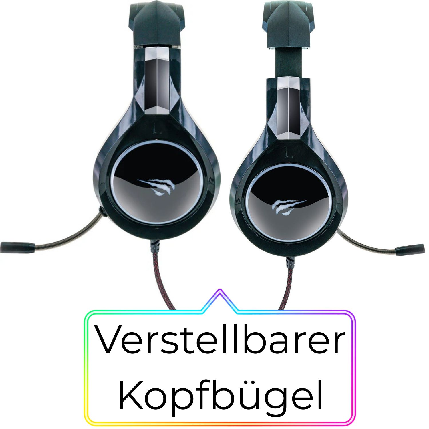 Zwei schwarze Gaming-Kopfhörer mit Mikrofon und Regler für den Kopfbügel.