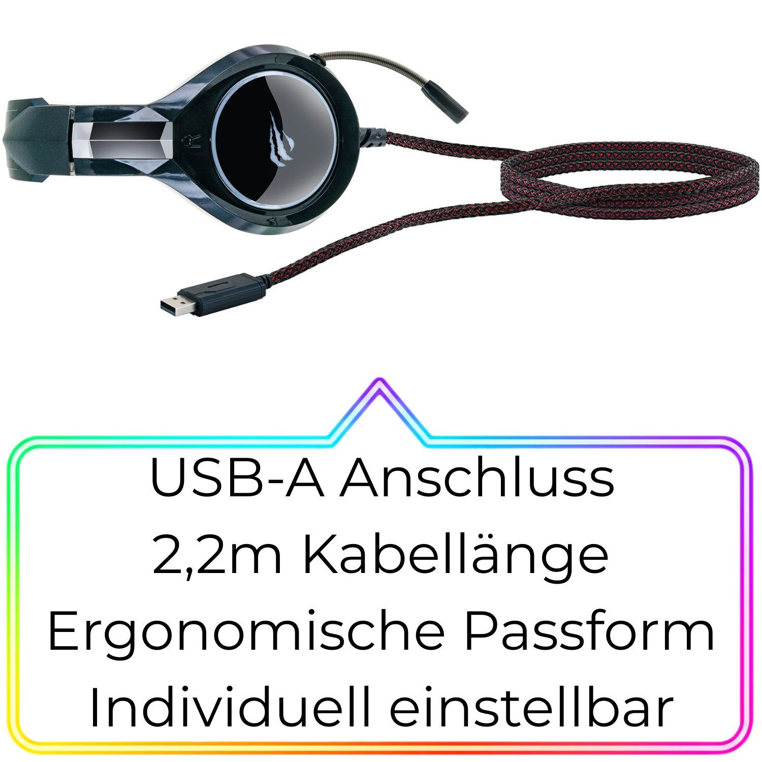 Schwarzer Gaming-Kopfhörer mit USB-A-Anschluss und geflochtenem Kabel.