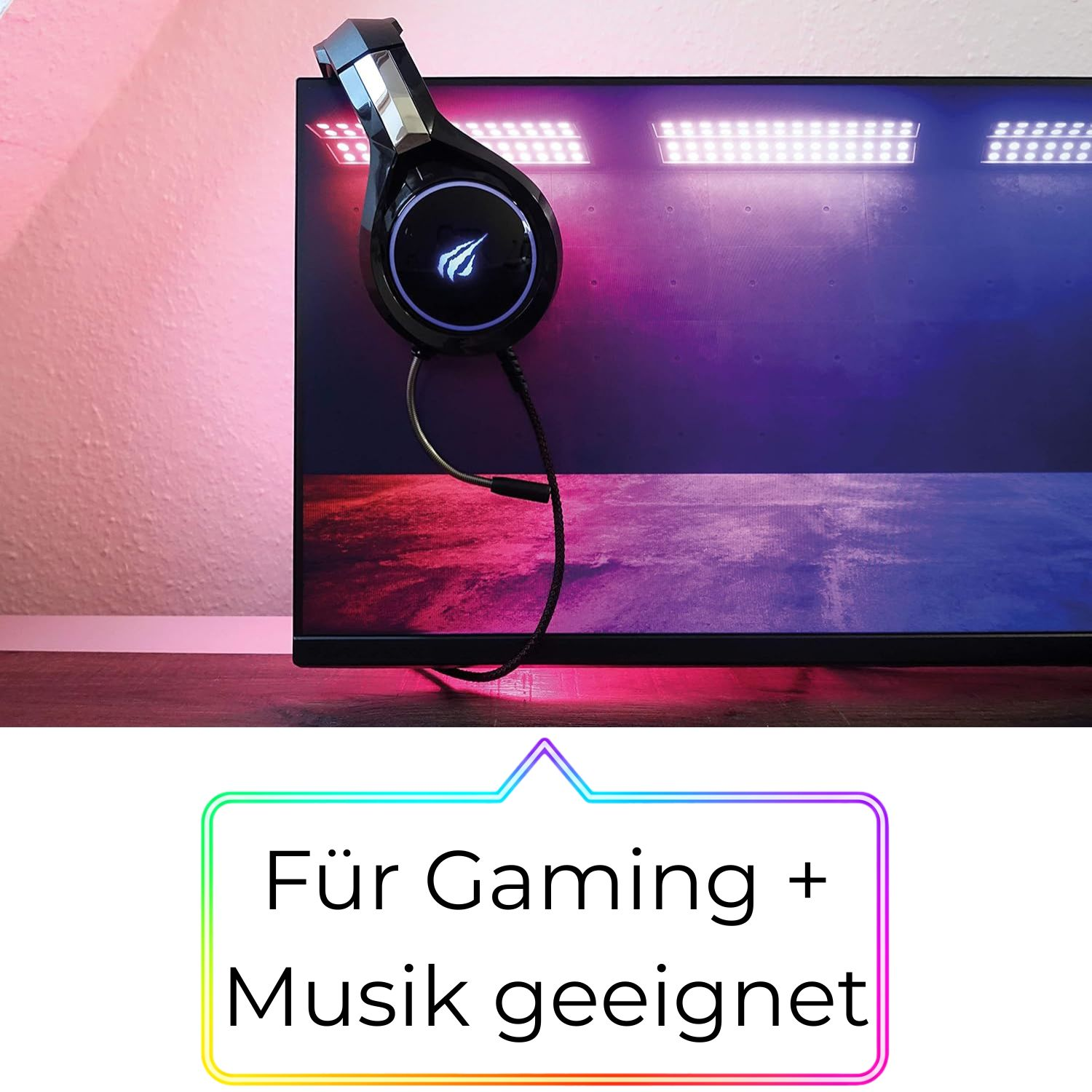 Schwarze Kopfhörer mit leuchtendem Logo auf einem Monitor.