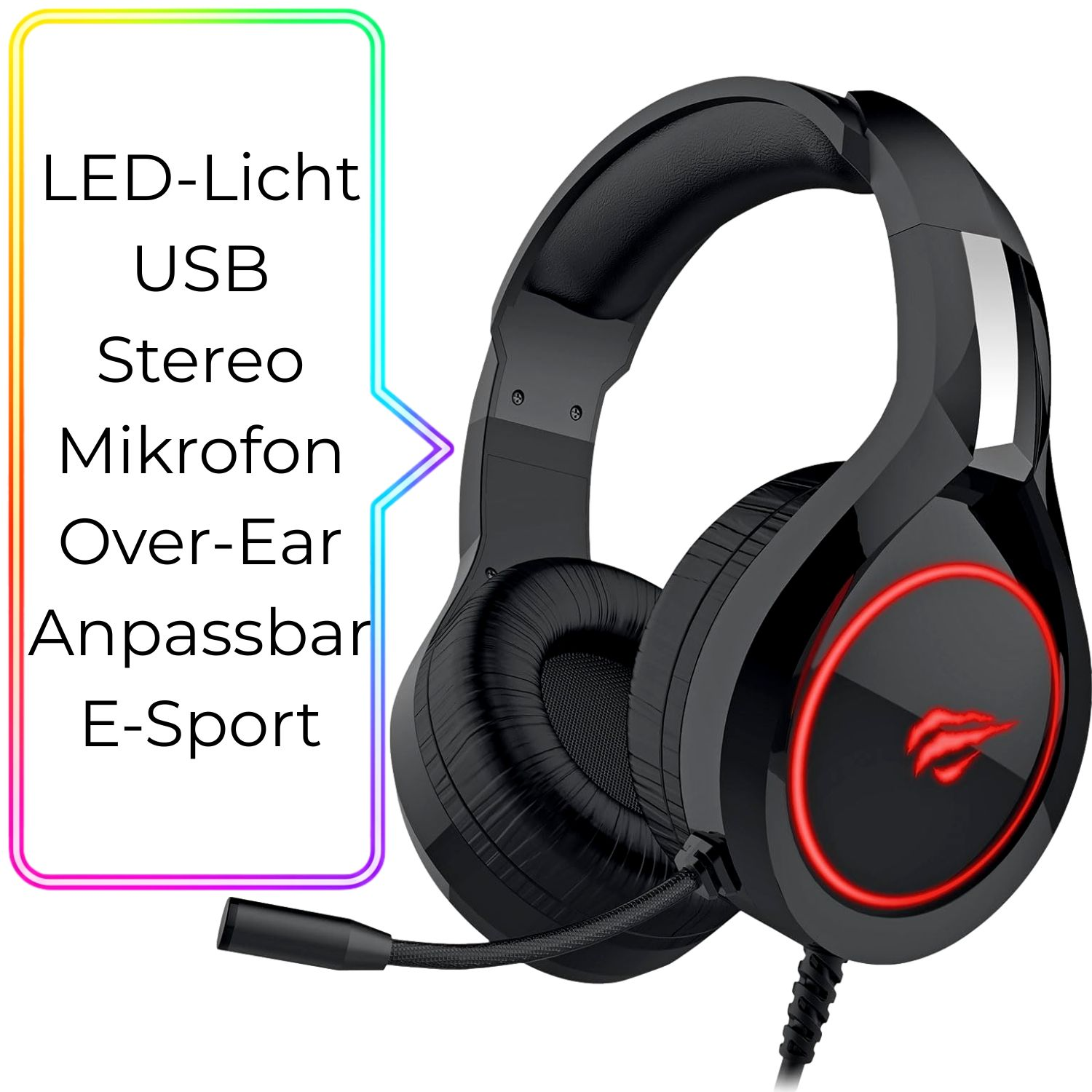 Schwarzer Over-Ear-Gaming-Kopfhörer mit roten LED-Lichtern und Mikrofon.