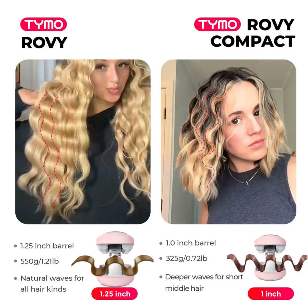 Confronto tra due styler per capelli: TYMO ROVY per onde lunghe e naturali, TYMO ROVY COMPACT per onde corte e più profonde.