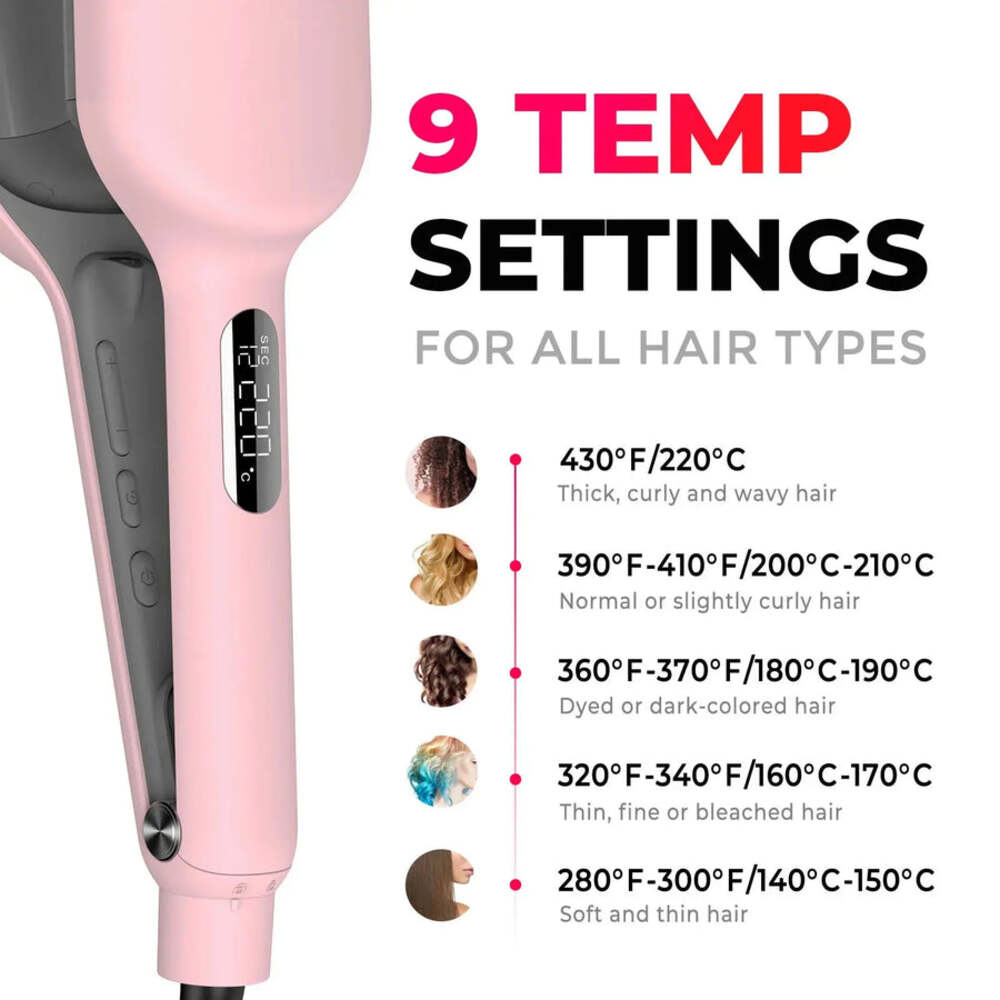 Una piastra per capelli rosa che mostra le impostazioni di temperatura per diversi tipi di capelli.