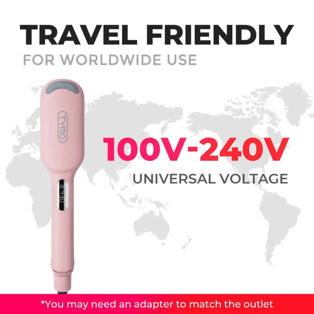 Liscia capelli rosa con logo "TYMO", voltaggio universale 100V-240V.