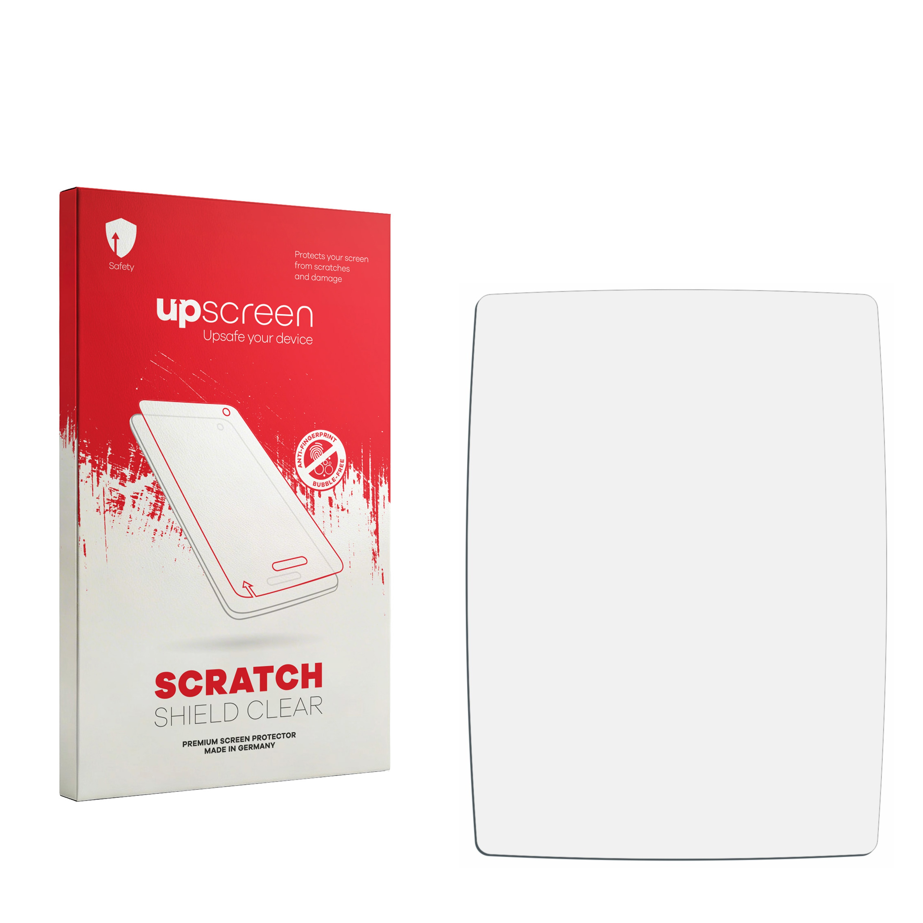 Rote Verpackung für Bildschirmschutz mit Aufdruck "upscreen" und klarem Schutzglas daneben.