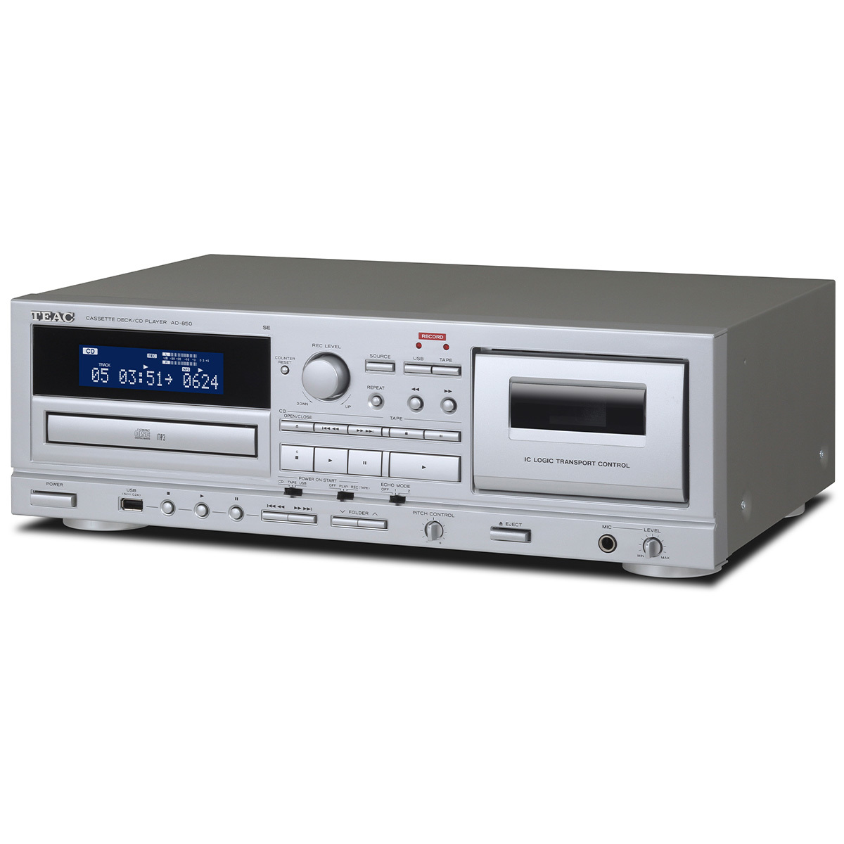 Ein silberner TEAC Kassettendeck/CD-Player mit silberner Frontplatte und Bedienelementen.