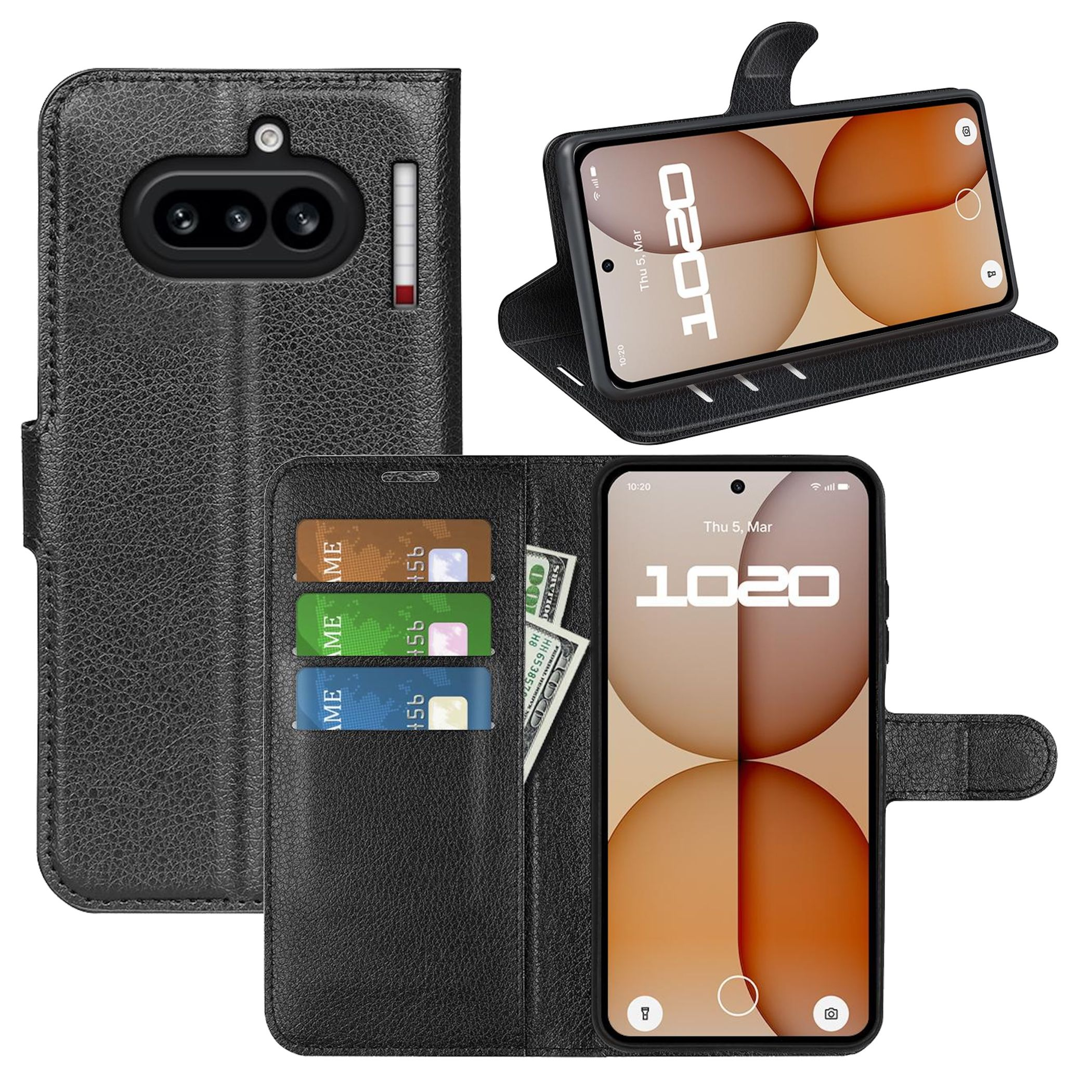 Schwarzes Lederetui mit Handy, Karten und Geld. Zeigt Handy-Kamera und Bildschirm.